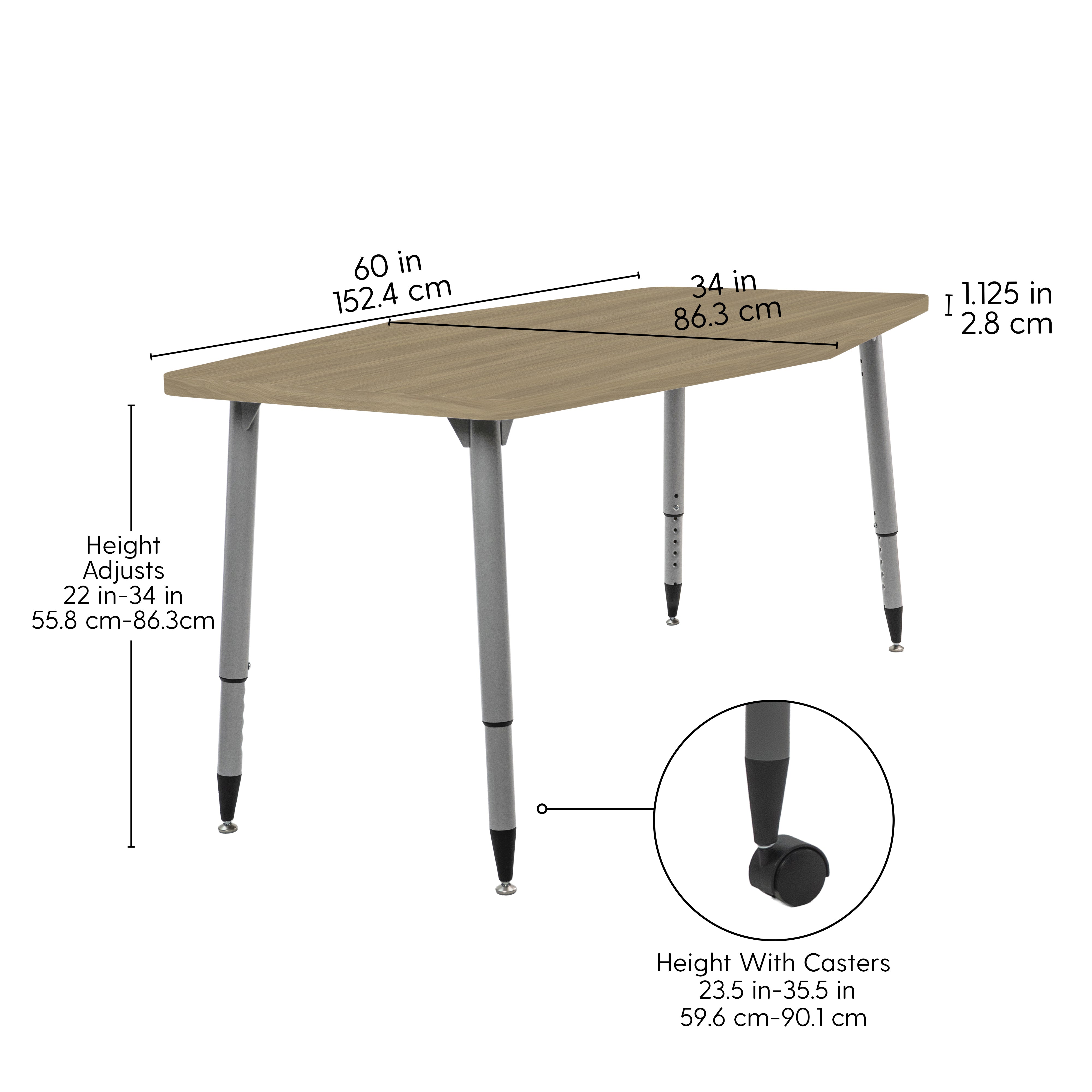 Adapte 34" x 60" Long Hexagon Woodgrain Activity Table with Adjustable Tapered Legs - Pasadena Oak/Silver