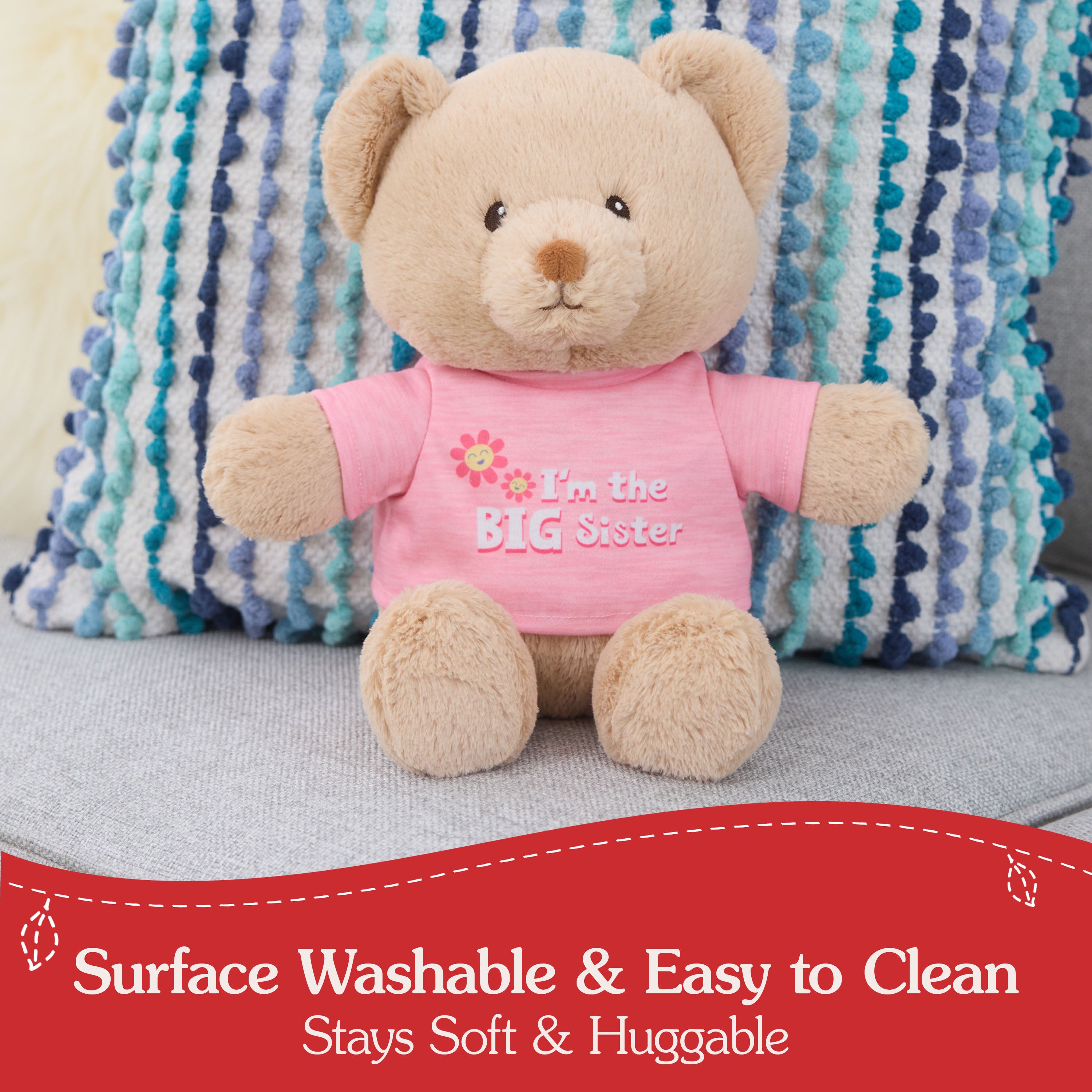 GUND “I'm the Big Sister” Sustainable Message Bear with Pink T-Shirt, Teddy Bear Made from 100% Recycled Materials for Ages 1 and Up, Tan, 12”