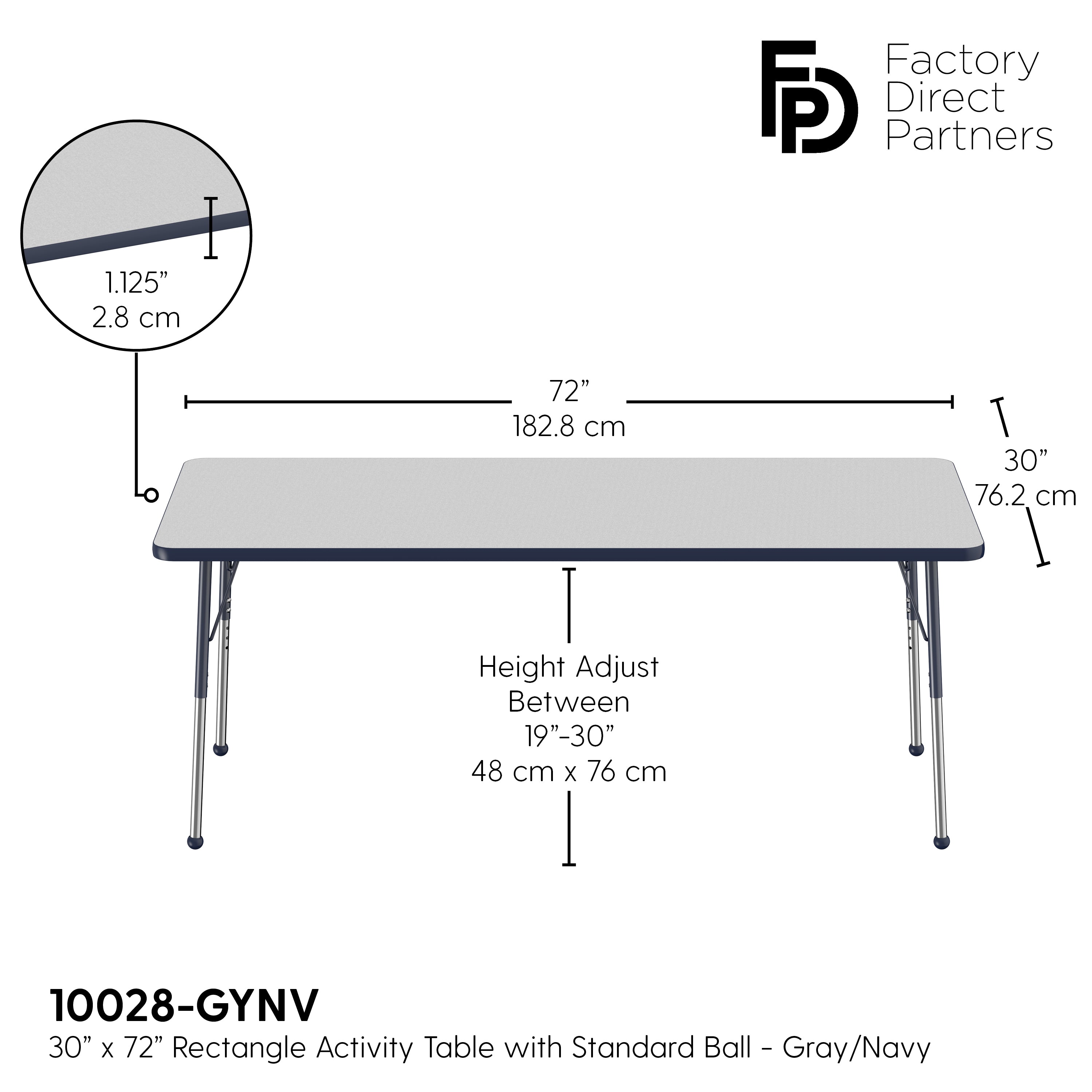 30" x 72" Rectangle T-Molding Activity Table with Adjustable Standard Ball Glide Legs - Gray/Navy