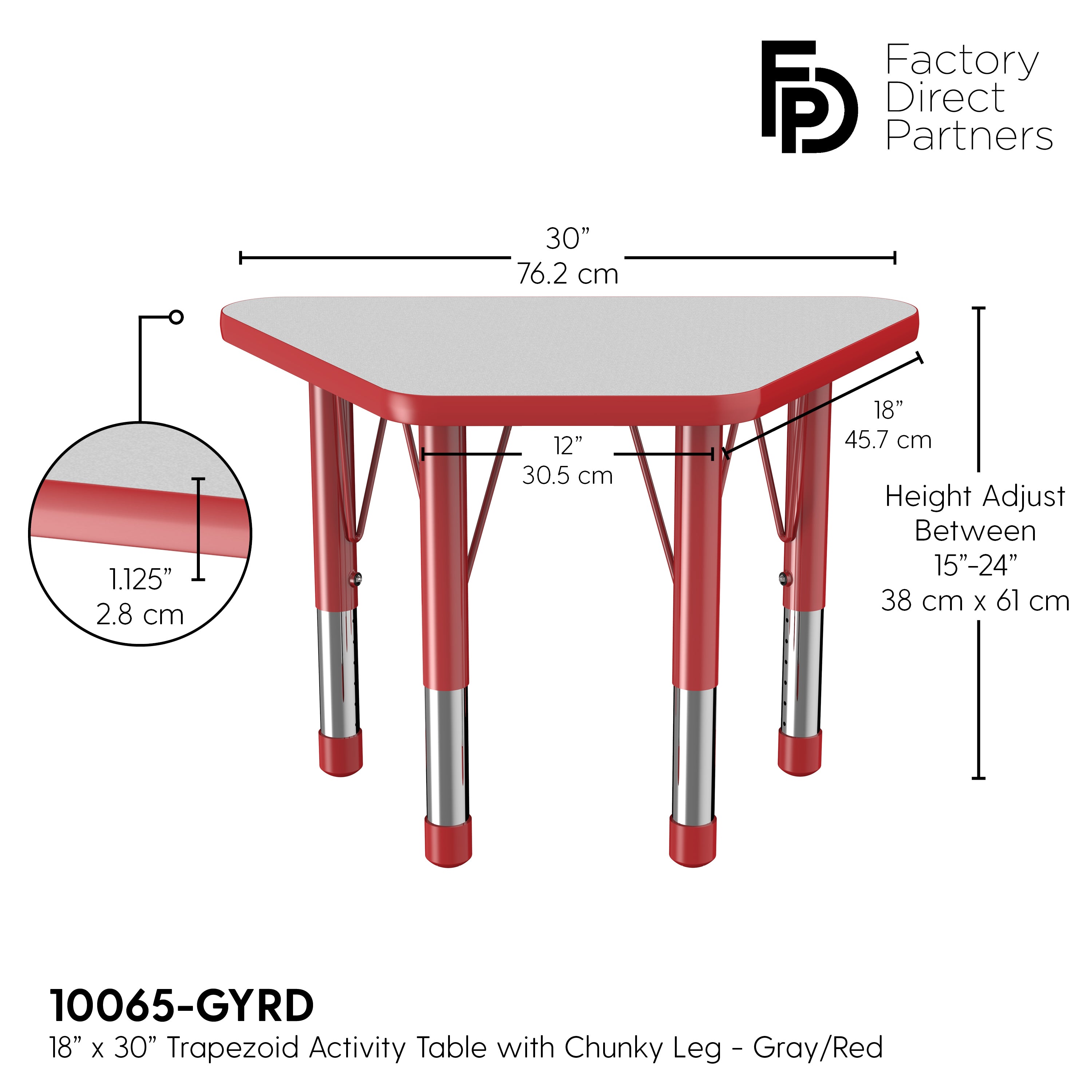18" x 30" Trapezoid T-Molding Activity Table with Adjustable Chunky Legs - Gray/Red