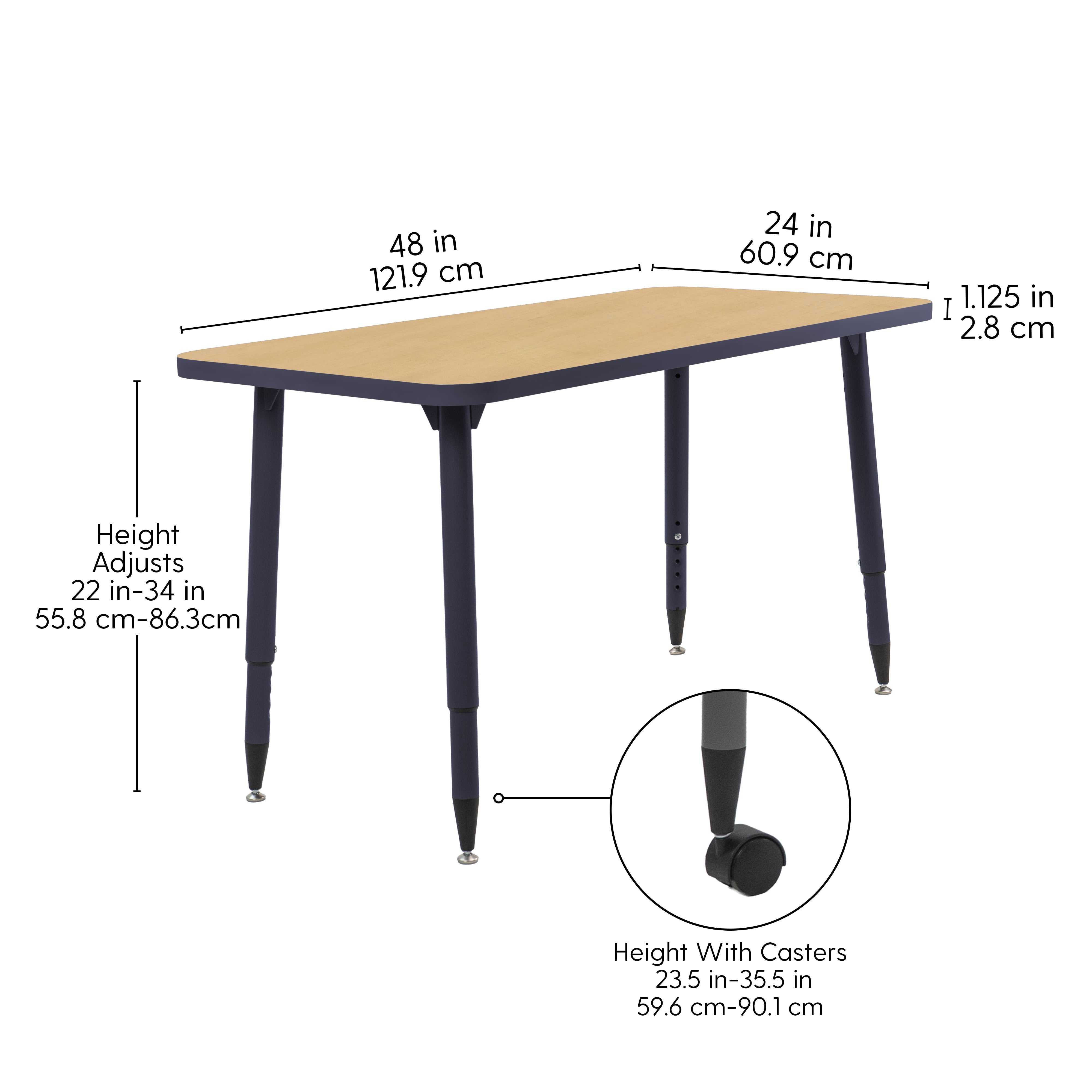 Adapte 24" x 48" Rectangle Thermofused Activity Table with Adjustable Tapered Legs - Maple/Navy