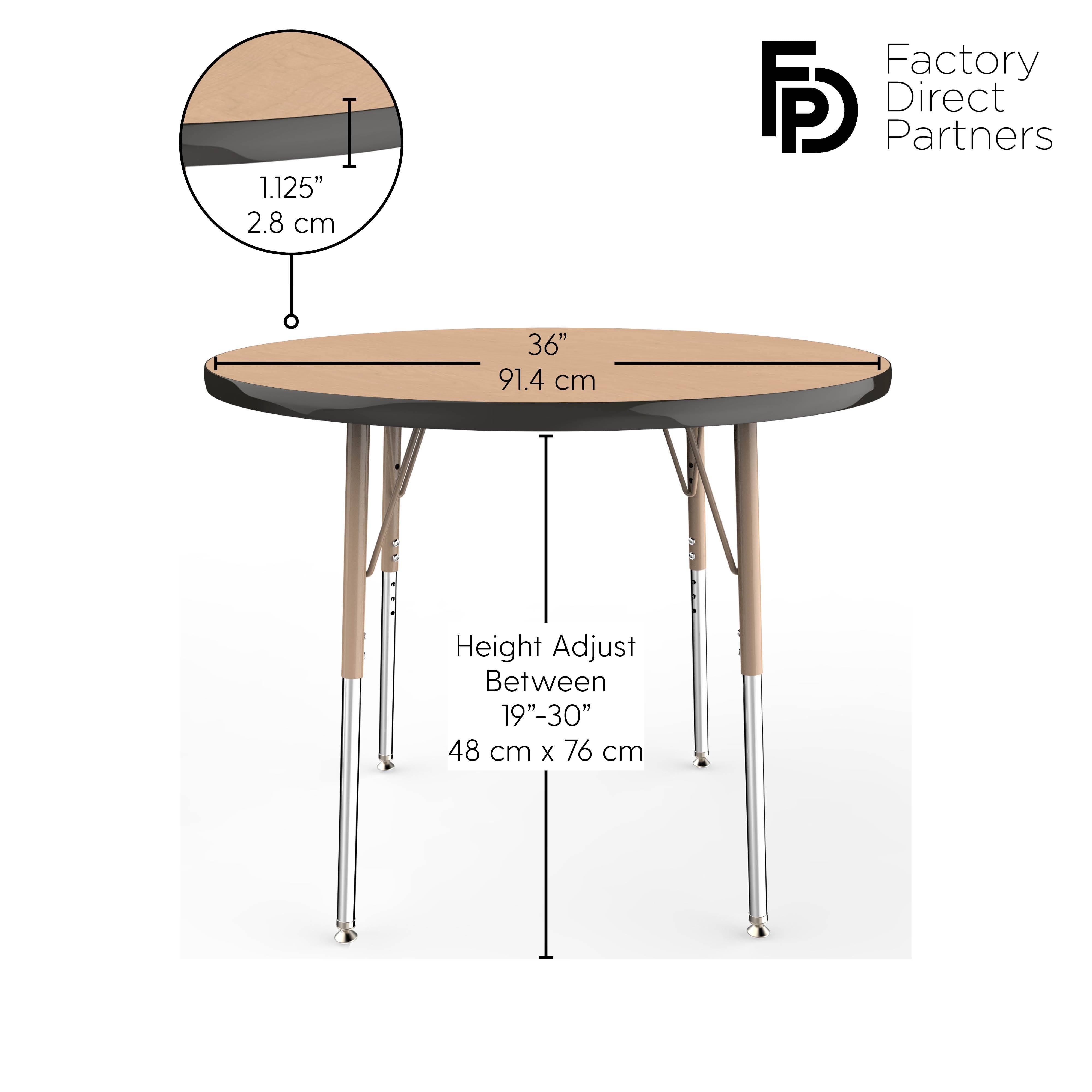 36" Round T-Molding Activity Table with Adjustable Standard Swivel Glide Legs - Maple/Black/Sand
