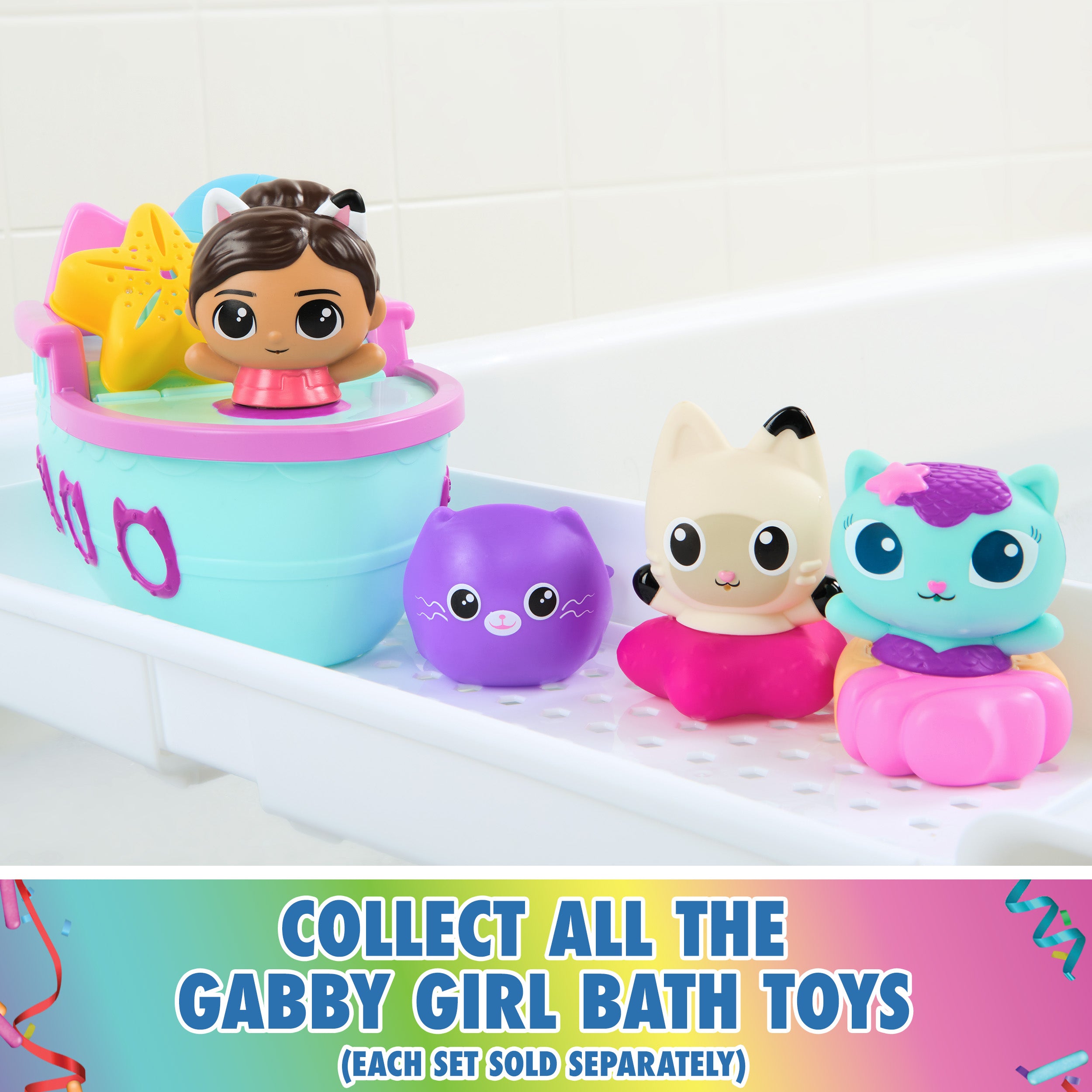 Gabby’s Dollhouse: Gabby Cat Bath Squirters, Mercat & Pandy Paws Floating Toddler Bath Toys for Girls & Boys Ages 3 and up