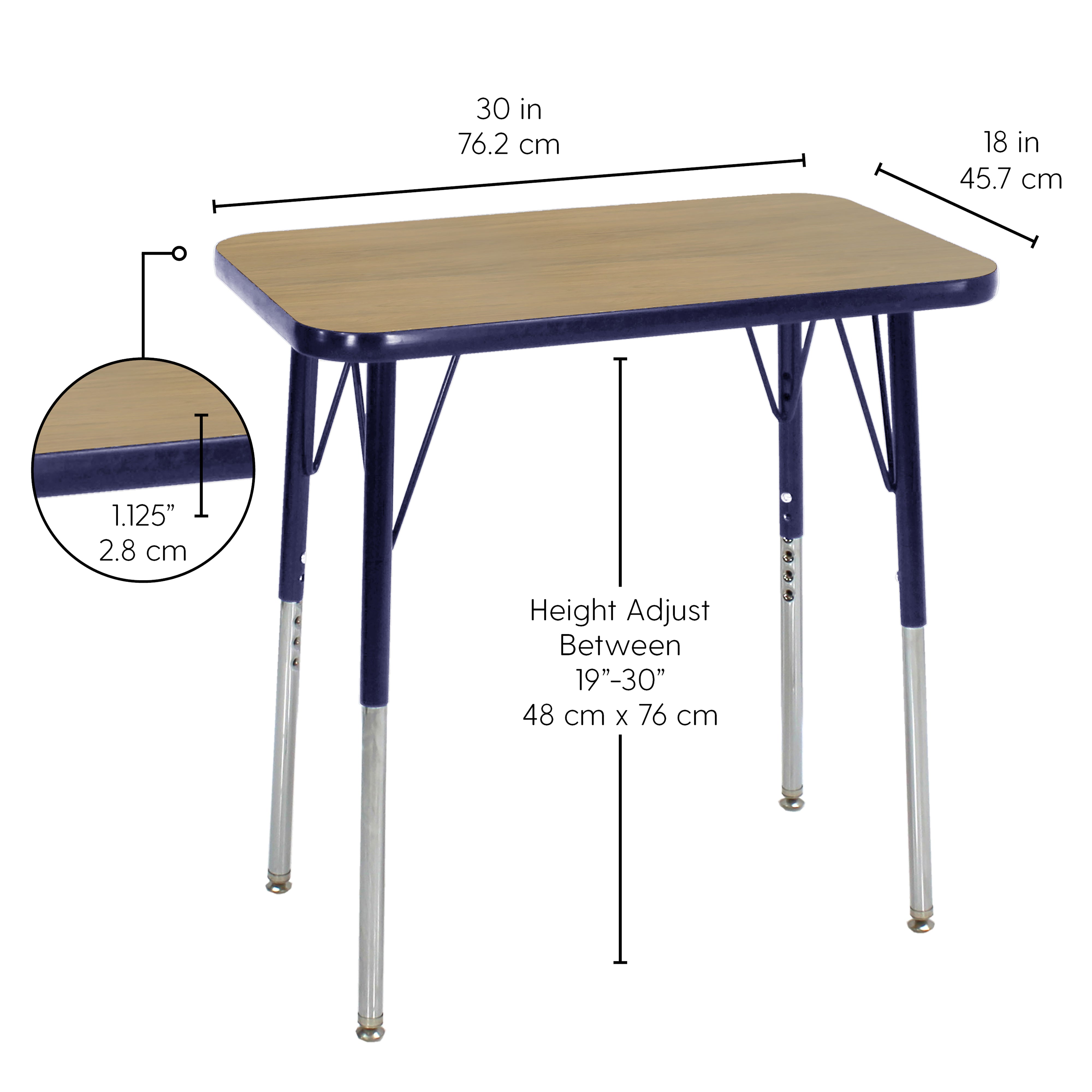 18" x 30" Rectangle T-Molding Activity Table with Adjustable Standard Swivel Glide Legs - Pasadena Oak/Navy