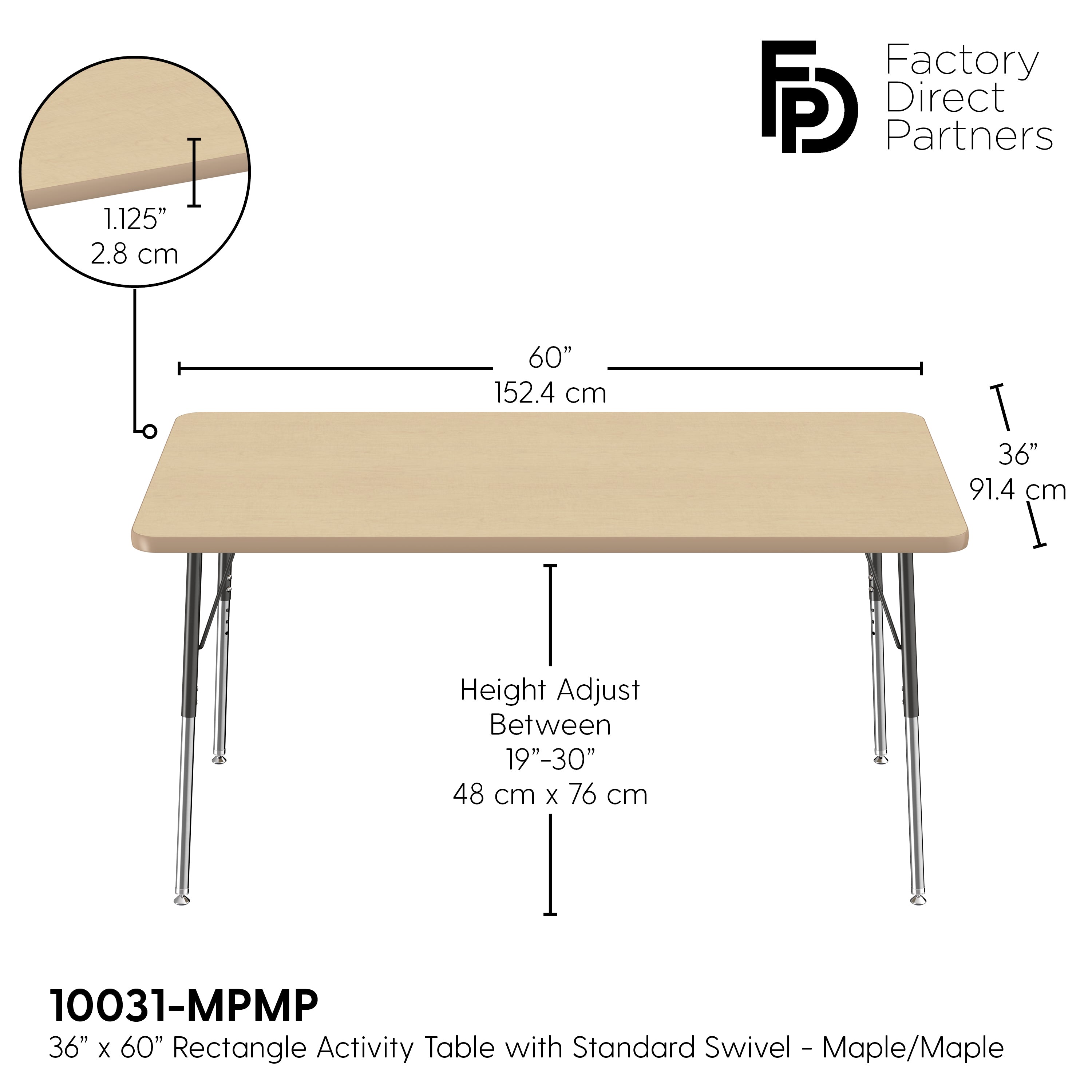 36" x 60" Rectangle T-Molding Activity Table with Adjustable Standard Swivel Glide Legs - Maple/Maple/Black
