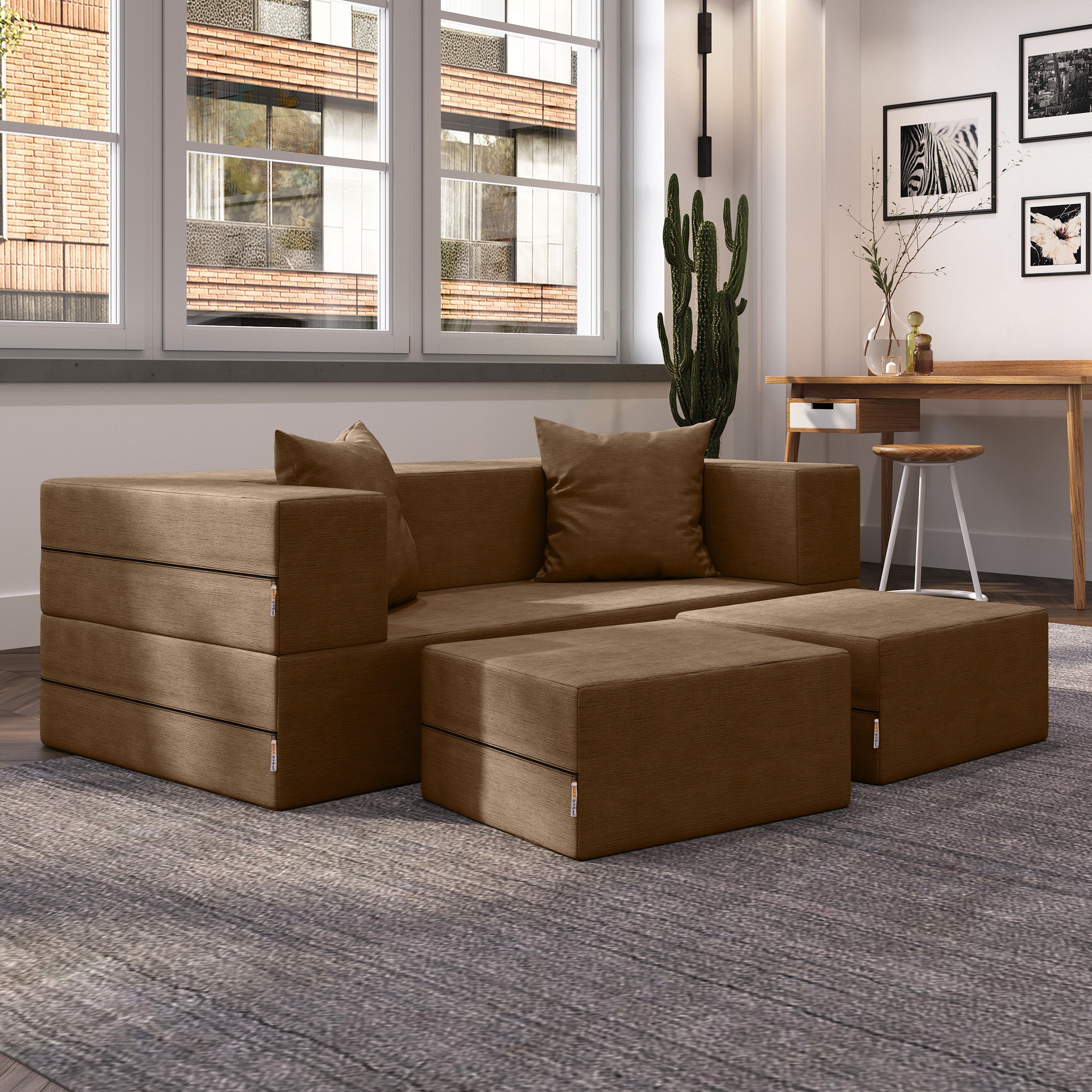 Jaxx Zipline Convertible Sleeper Loveseat & Ottomans, Textured Microvelvet - Toffee