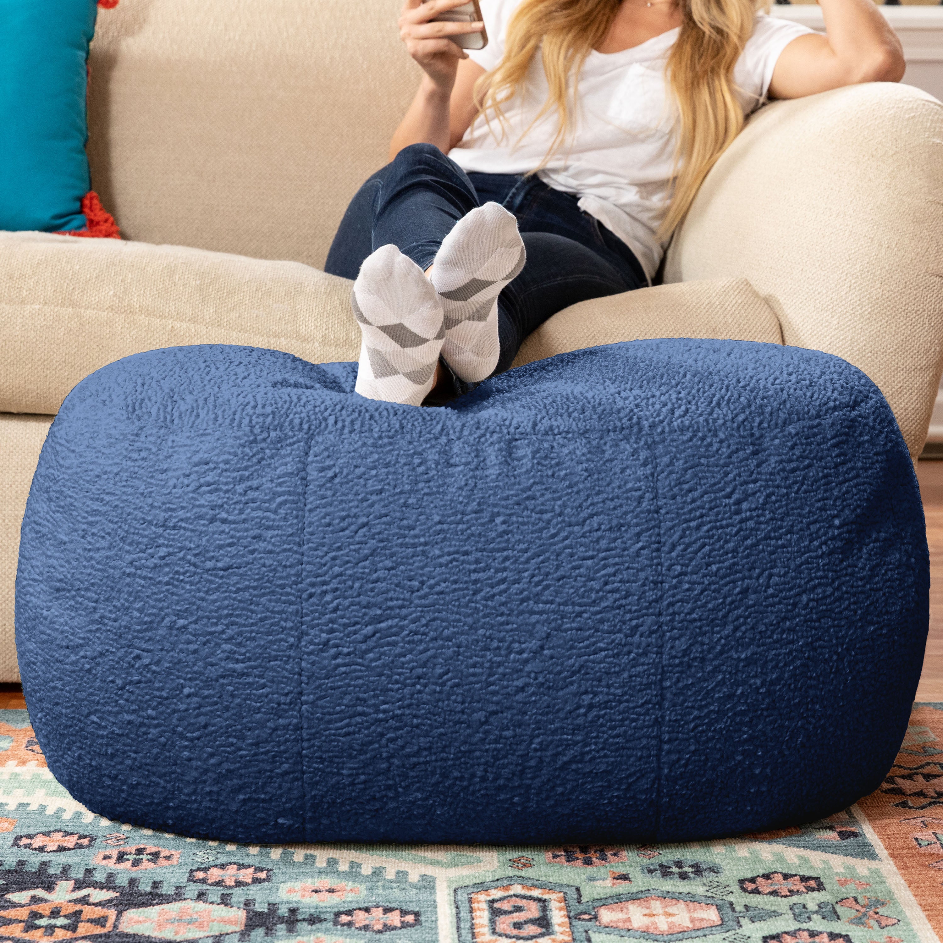 Jaxx Ellis Ottoman Shearling Faux-Lamb Plush Pouf for Modern Interior Design, Oval, Indigo