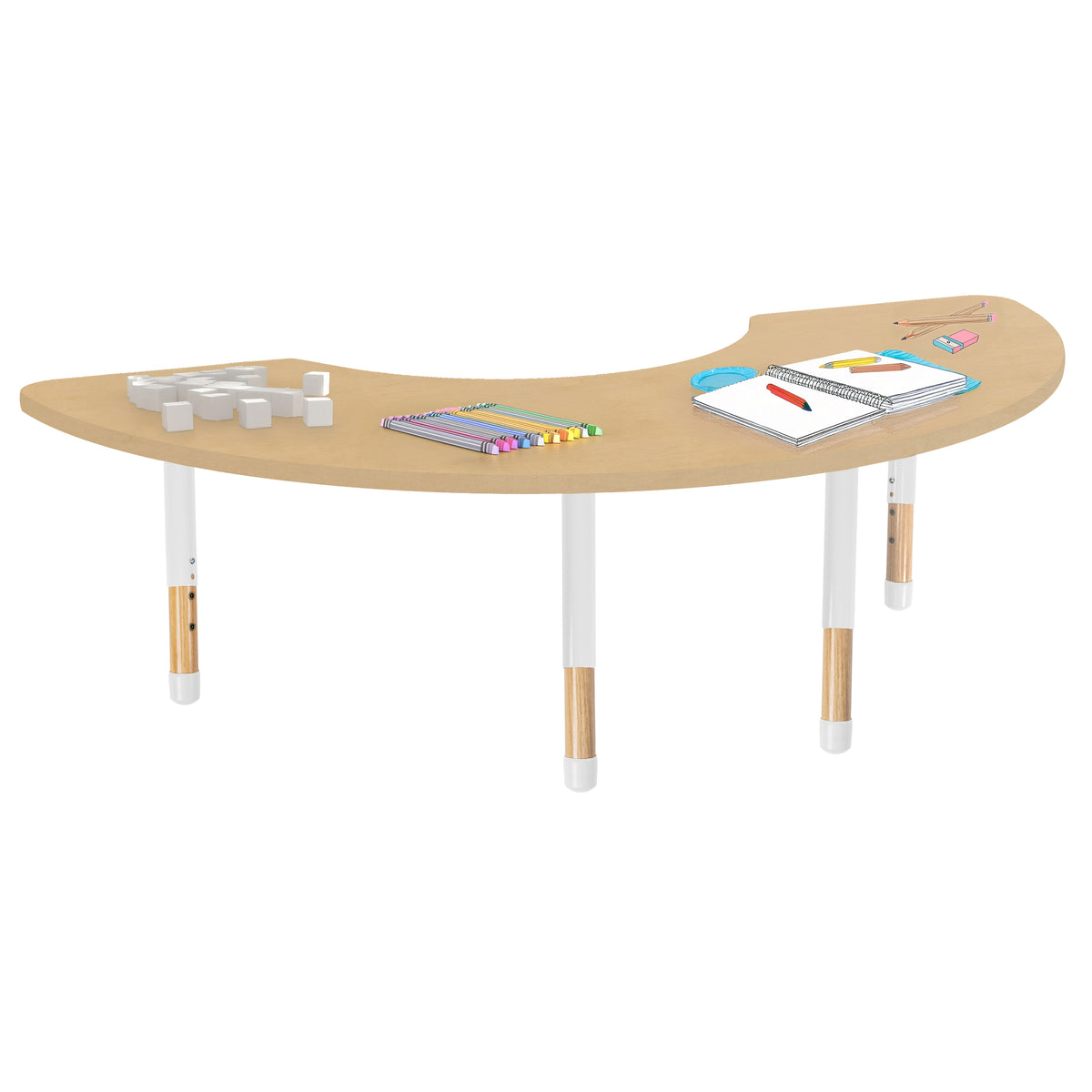 36" x 72" Half Moon Thermofused Activity Table with Adjustable Chunky Wood Legs - Maple Grain/White/Natural