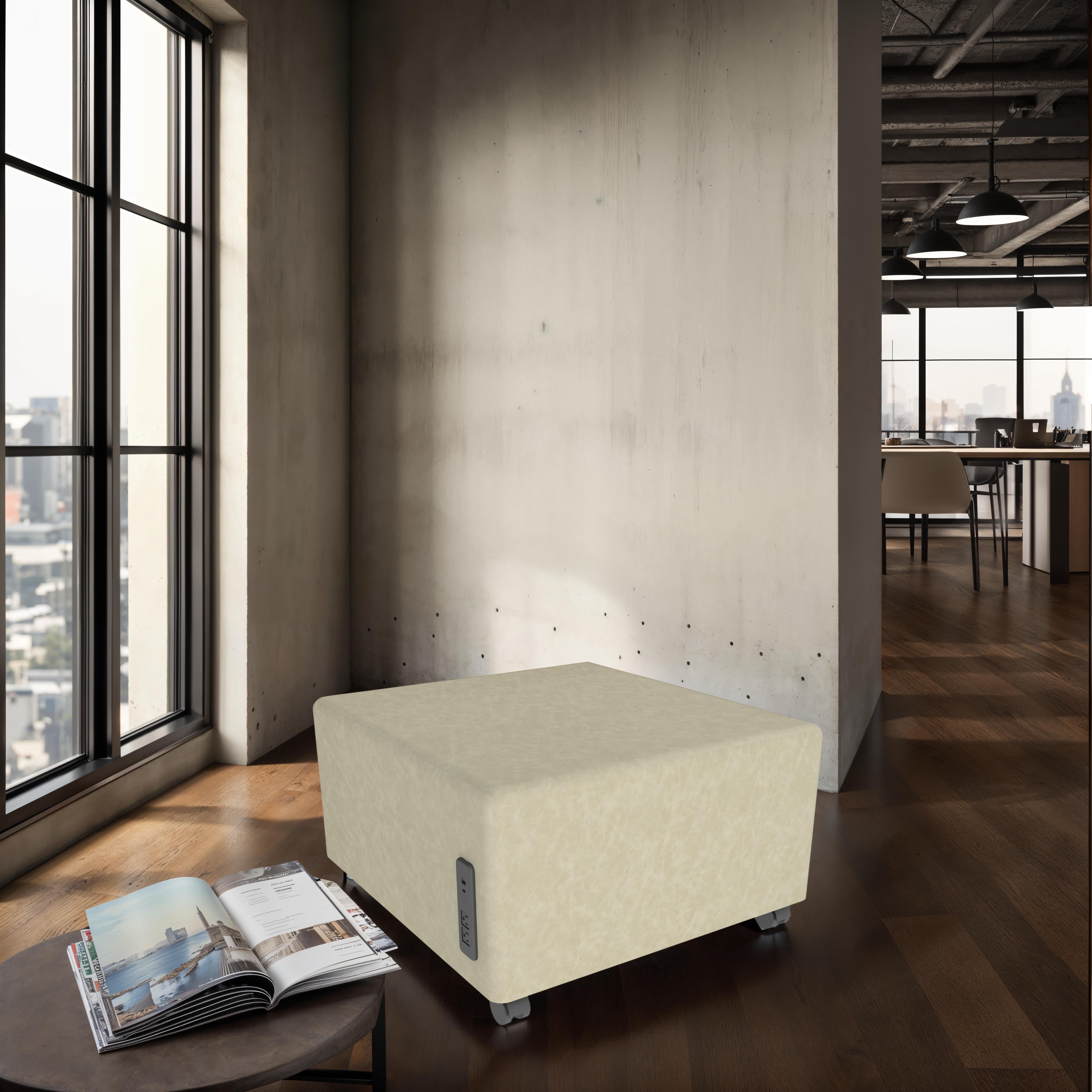 Pro Series Rustic Upholstered Square Mobile Ottoman with Tech Panel - Almond