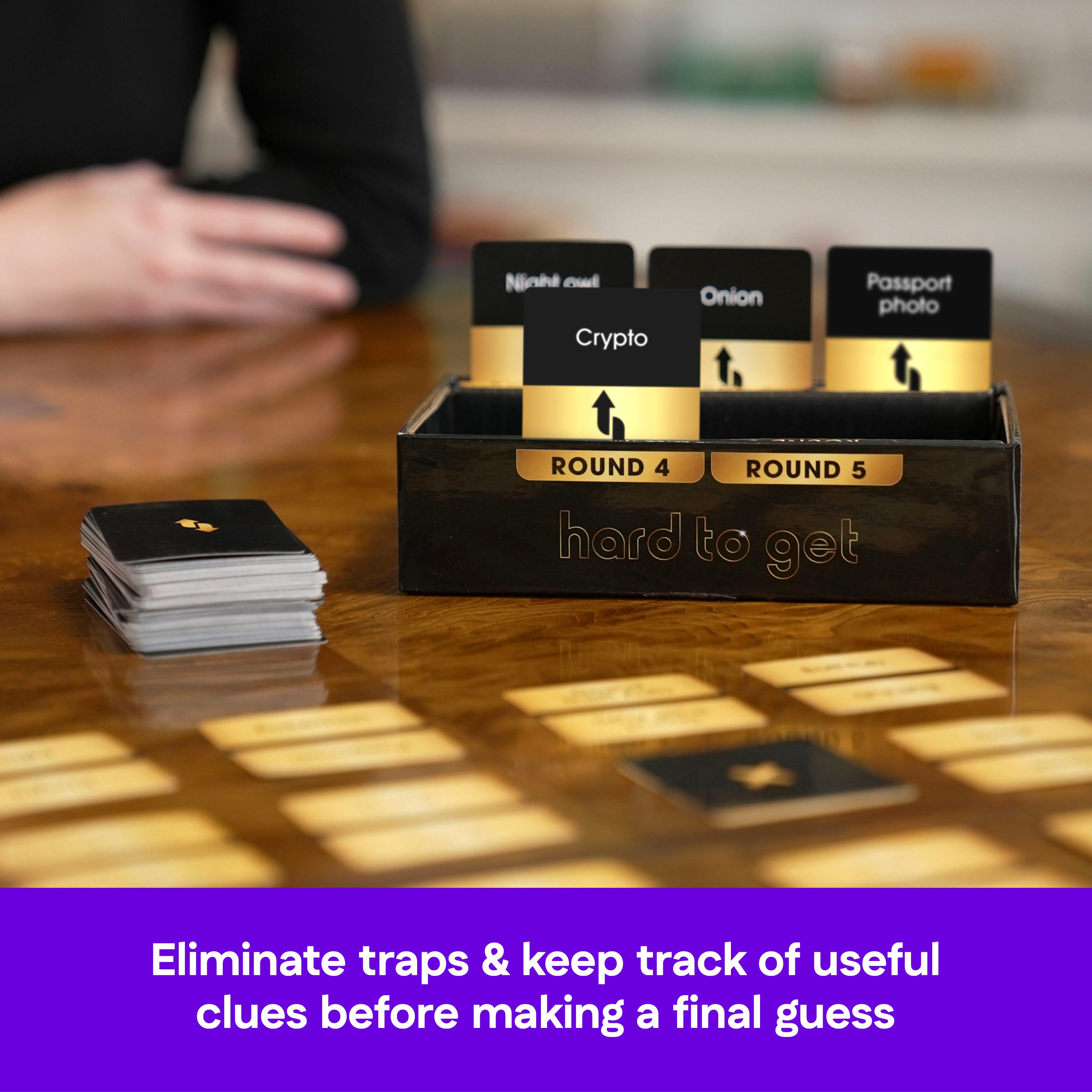 Spin Master Games, Hard to Get, Find the Secret Word Clue Card Game with Hilarious & Challenging Prompts, Easy Indoor Activity, for Adults & Teens, 2-10 Players, Ages 14 & Up