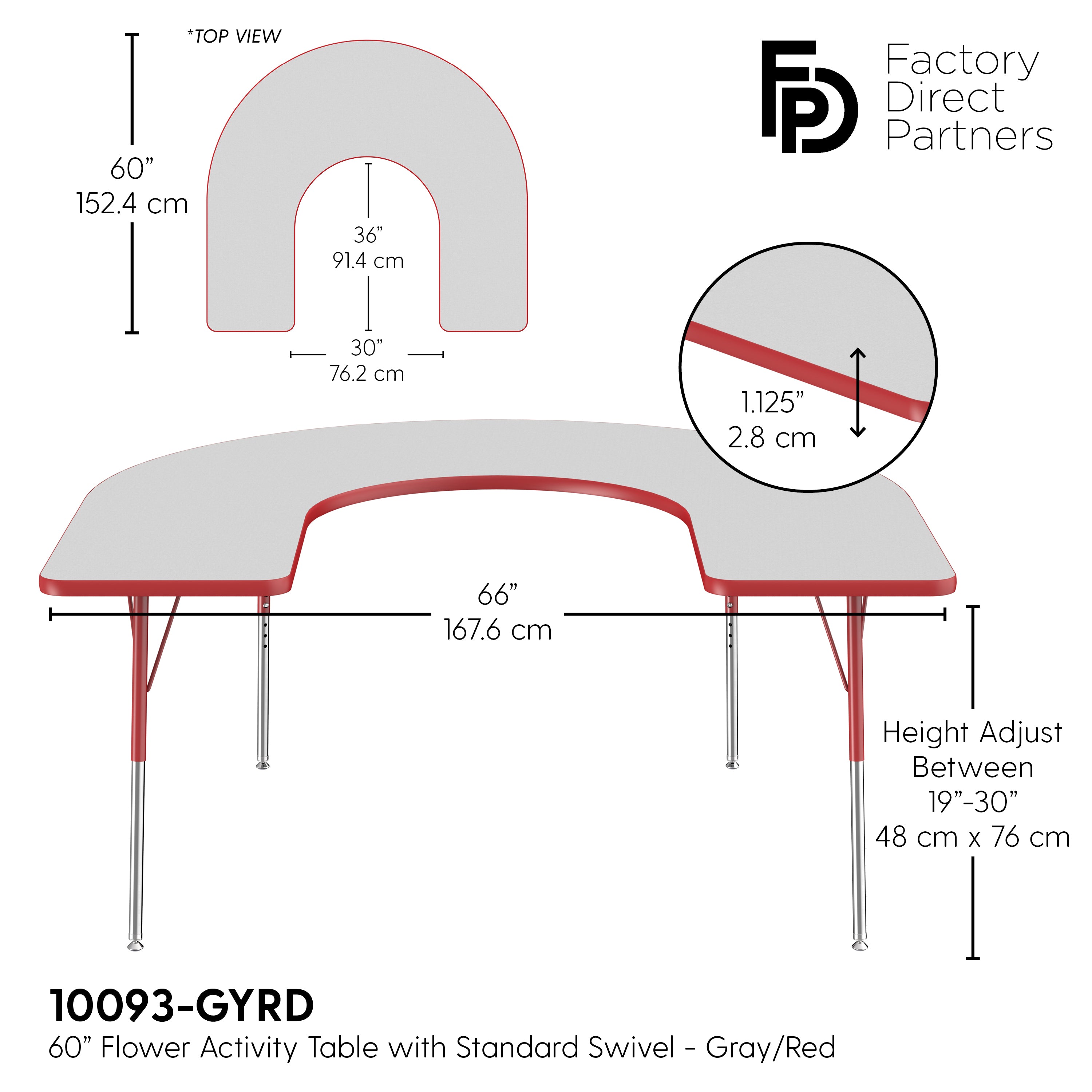 60" x 66" Horseshoe T-Molding Activity Table with Adjustable Standard Swivel Glide Legs - Gray/Red