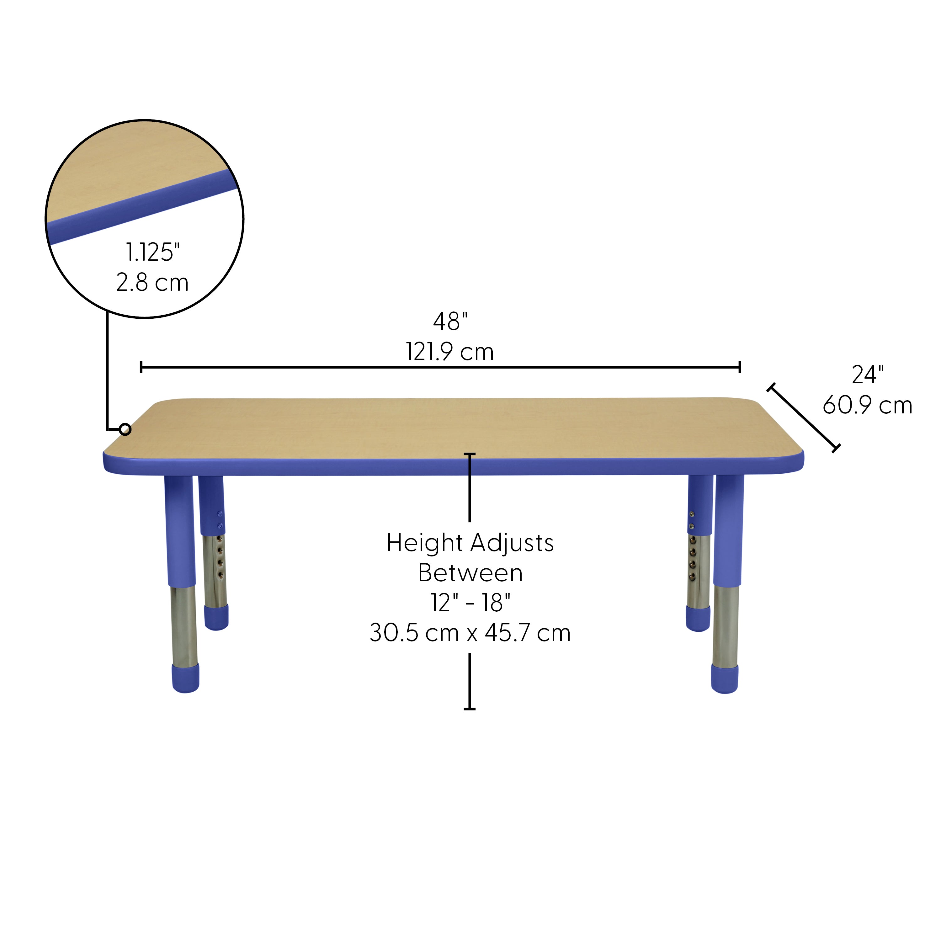 24" x 48" Rectangle T-Molding Activity Table with Adjustable Tiny Tot Legs - Maple/Blue