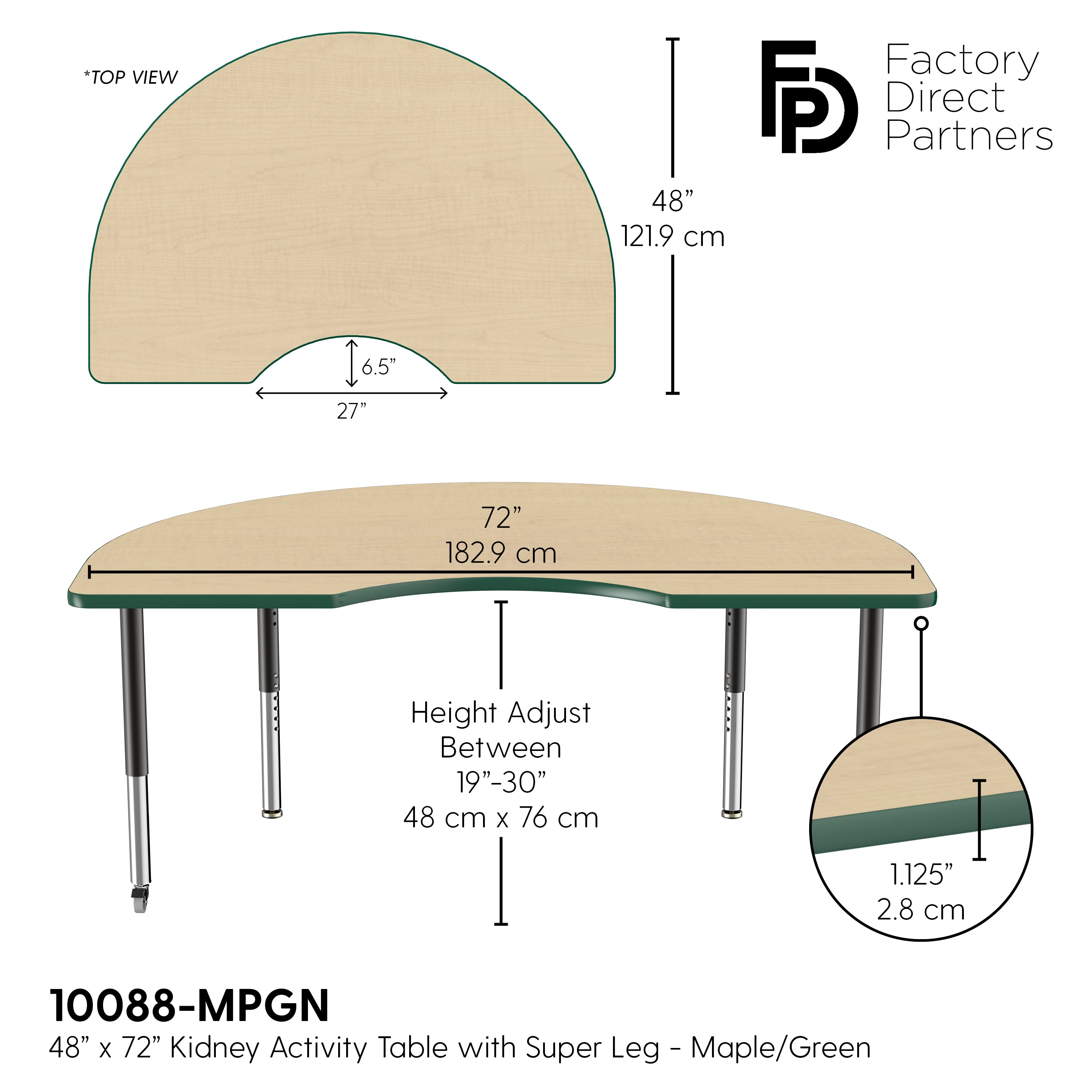 48" x 72" Kidney T-Molding Activity Table with Adjustable Super Legs - Maple/Green/Black