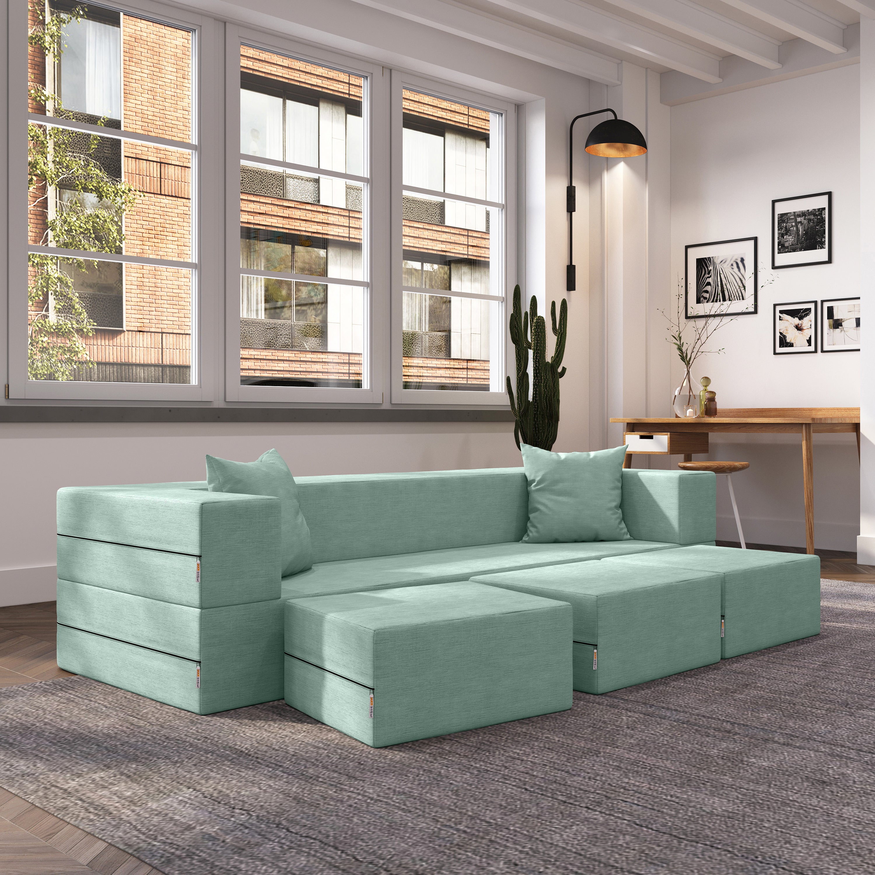 Jaxx Zipline Convertible Sleeper Sofa & Three Ottomans/California King-Size Bed, Textured Microvelvet - Caribbean