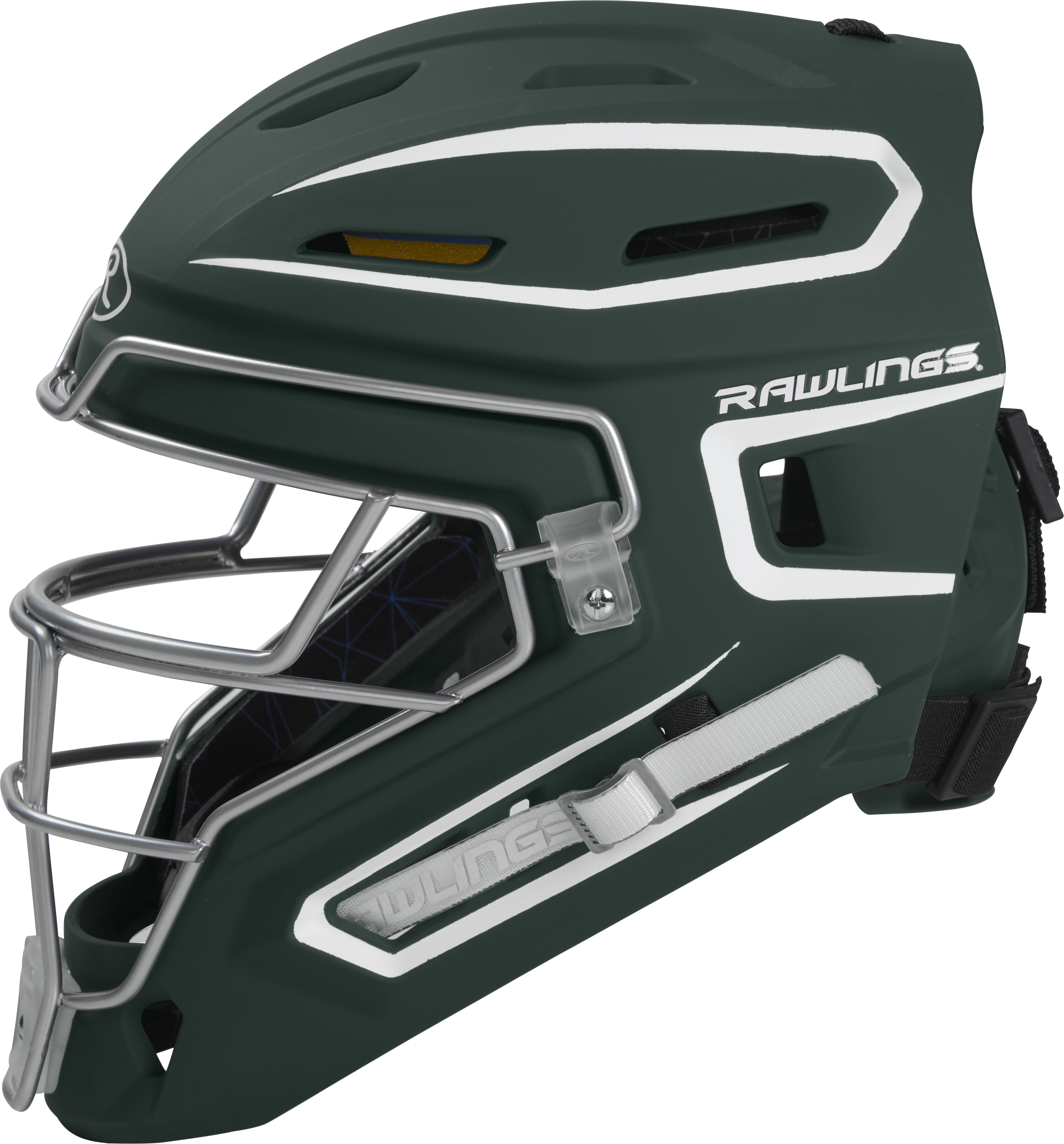 Rawlings Mach Matte 2-Tone Hockey Style Senior Catchers Helmet - Dark Green/White