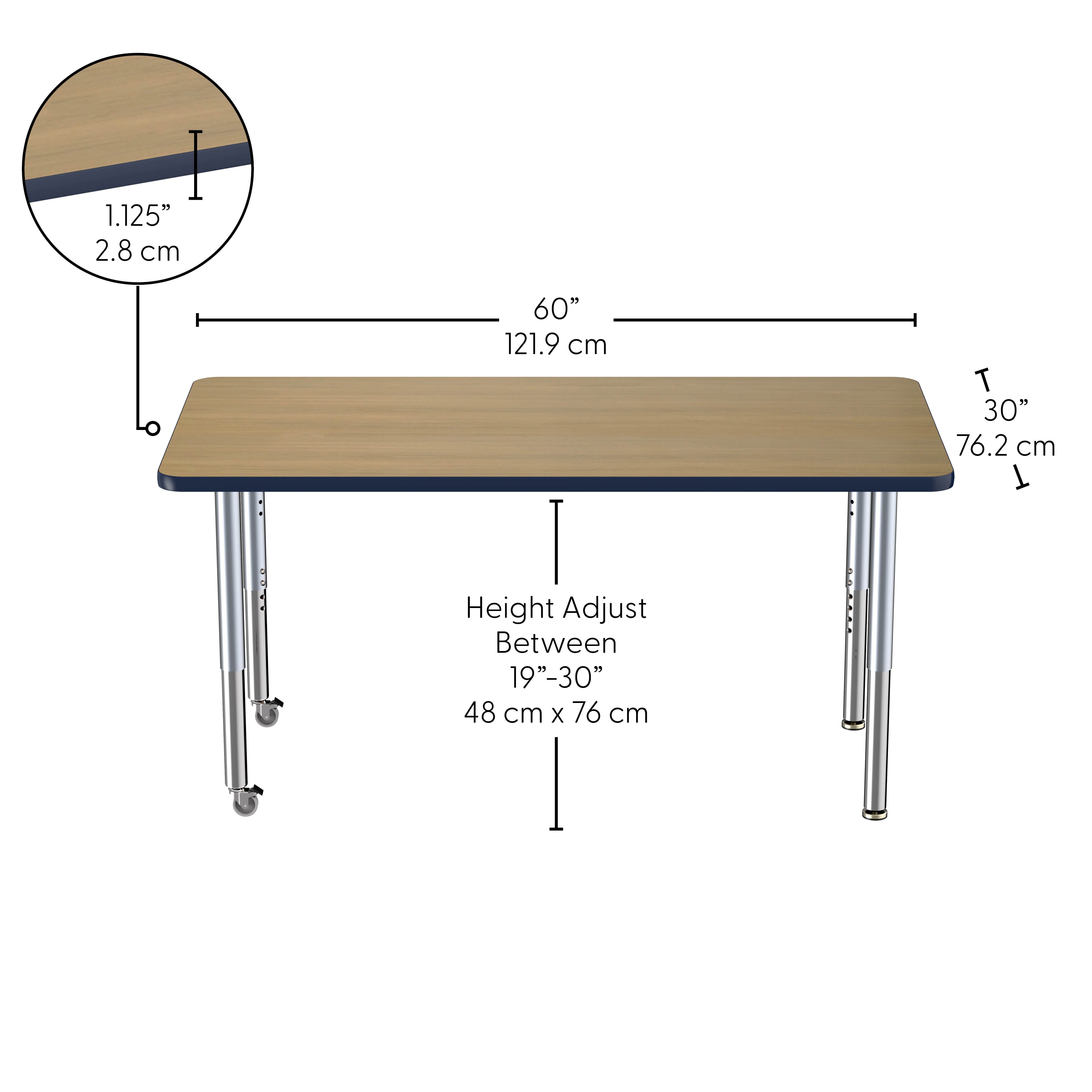 30" x 60" Rectangle Thermofused Activity Table with Adjustable Super Legs - Pasadena Oak/Navy/Silver