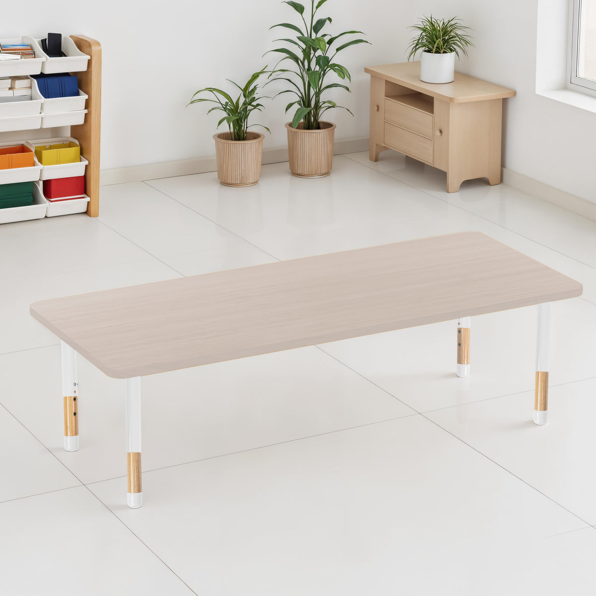 30" x 72" Rectangle Thermofused Activity Table with Adjustable Chunky Wood Legs - Asian Sand/White/Natural