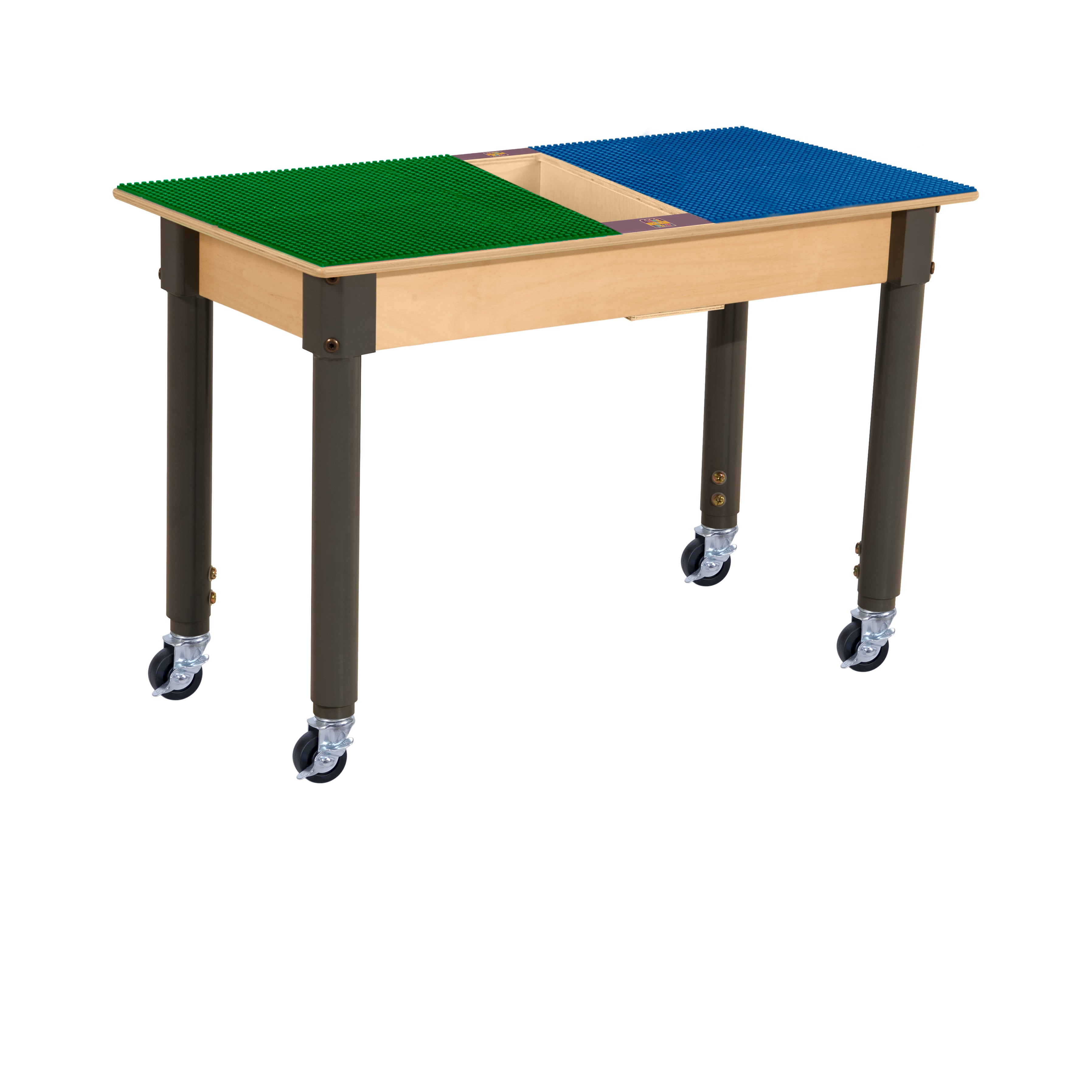 Rectangle Time-2-Play Table with a trough, along with adjustable 18"-29" legs with locking casters and a LEGO® Compatible Grid of BLUE/GREEN Color