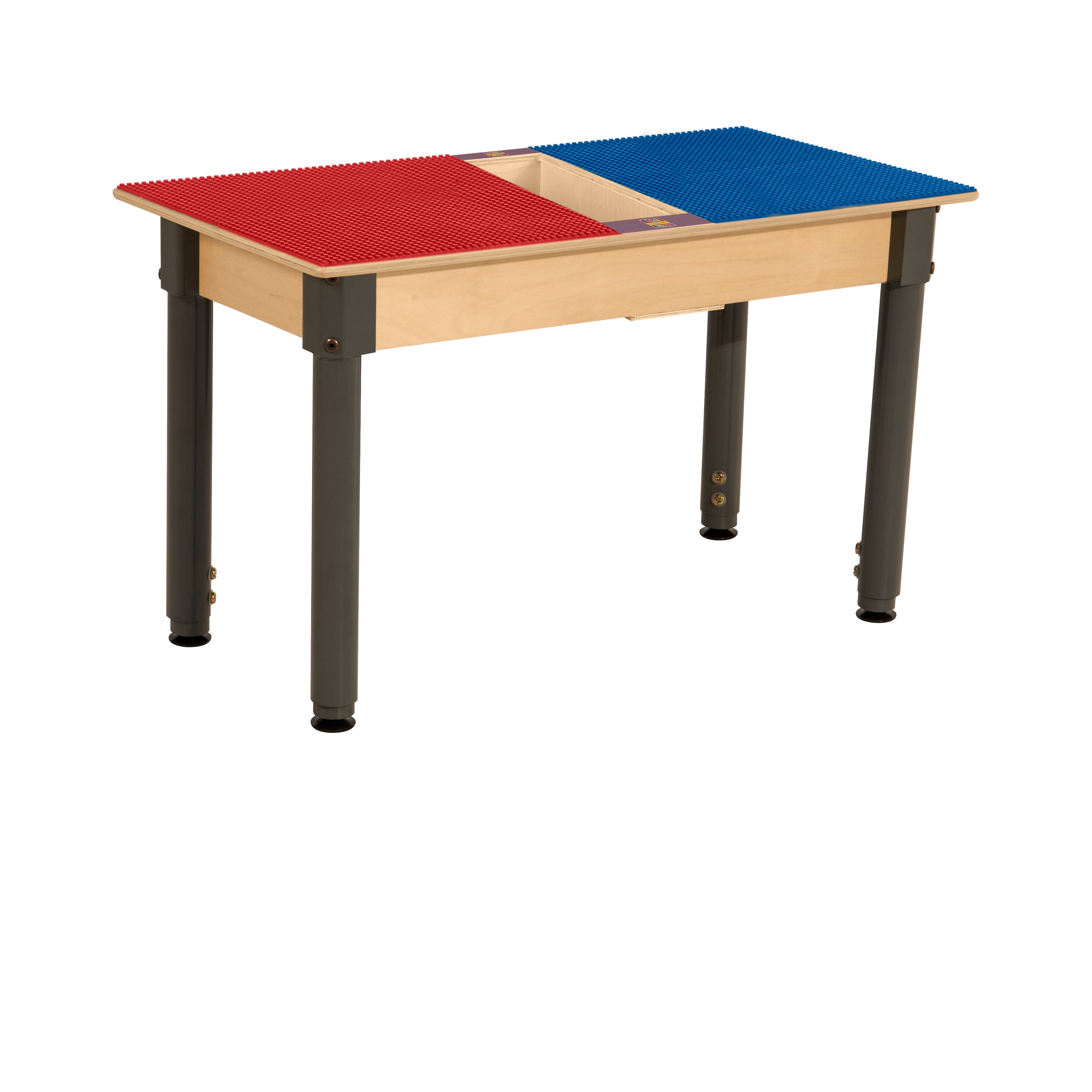 Rectangle Time-2-Play Table with a trough, along with adjustable 18"-29" legs and a DUPLO® Compatible Grid of RED/BLUE Color