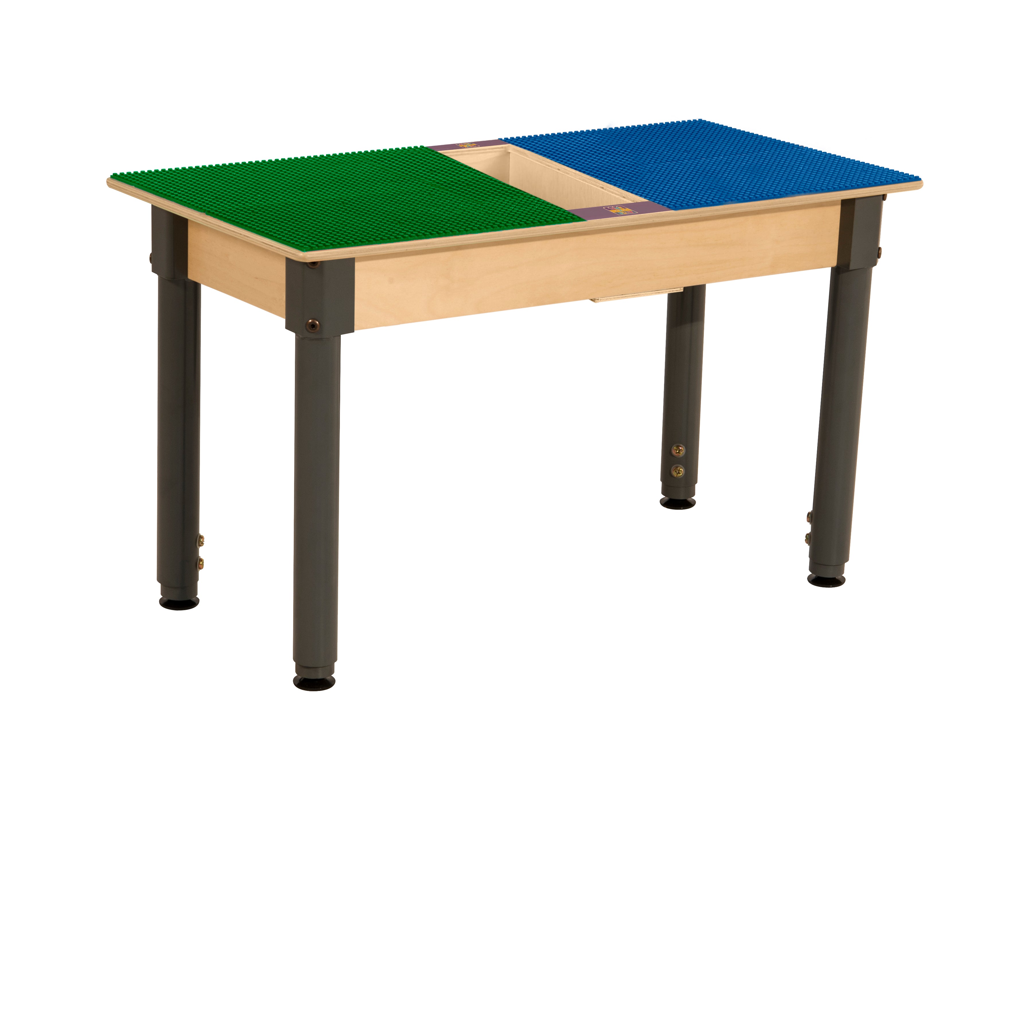 Rectangle Time-2-Play Table with a trough, along with adjustable 18"-29" legs and a LEGO® Compatible Grid of BLUE/GREEN Color