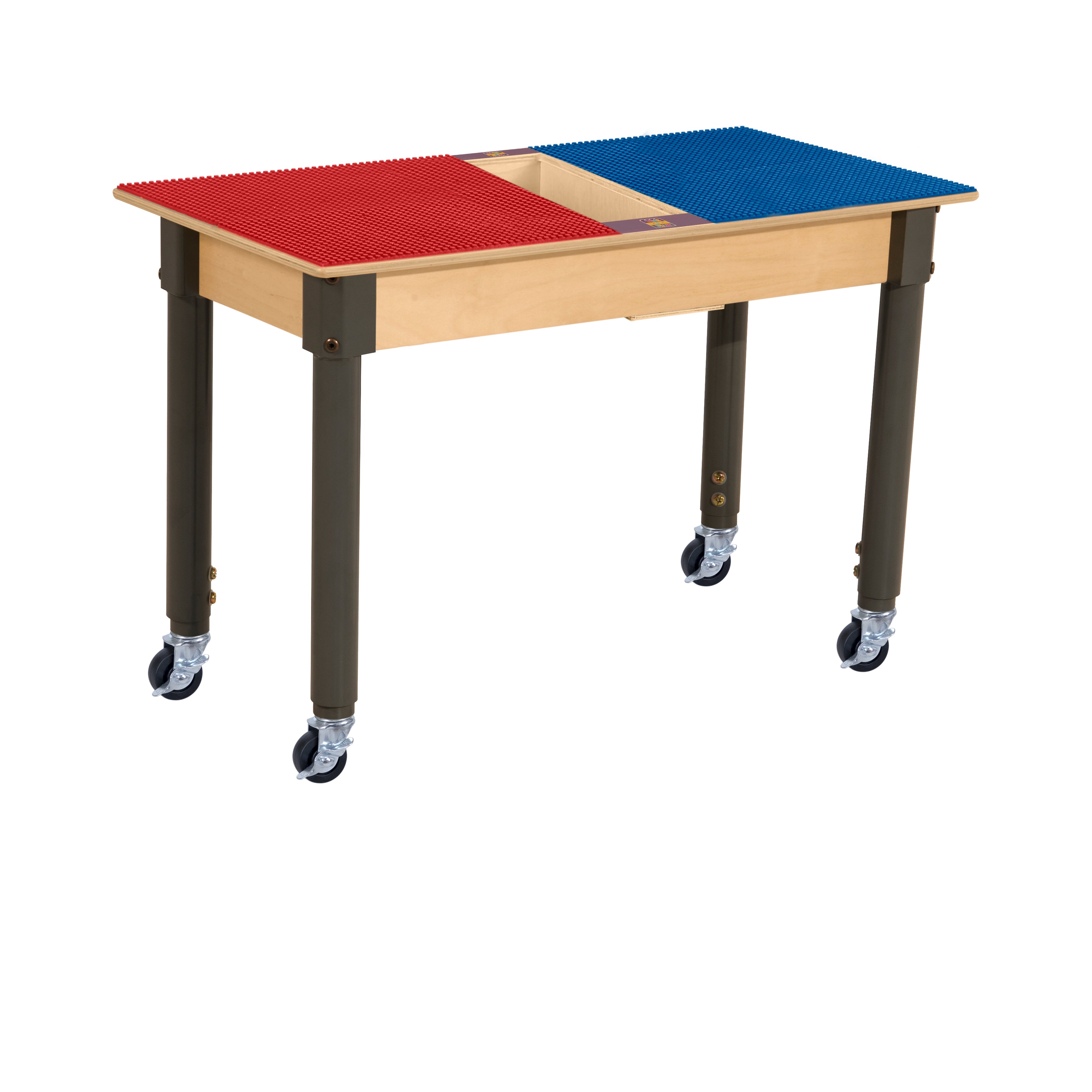 Rectangle Time-2-Play Table with a trough, along with adjustable 18"-29" legs with locking casters and a DUPLO® Compatible Grid of RED/BLUE Color