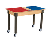 Rectangle Time-2-Play Table with a trough, along with adjustable 18"-29" legs with locking casters and a LEGO® Compatible Grid of RED/BLUE Color