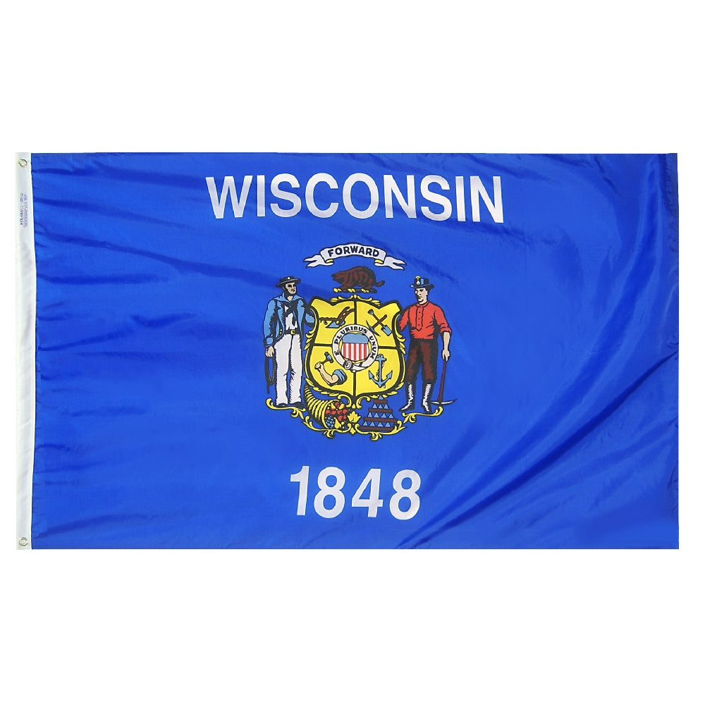 Wisconsin State Flag 4x6 ft. Nylon SolarGuard Nyl-Glo 100% Made in USA to Official State Design Specifications.