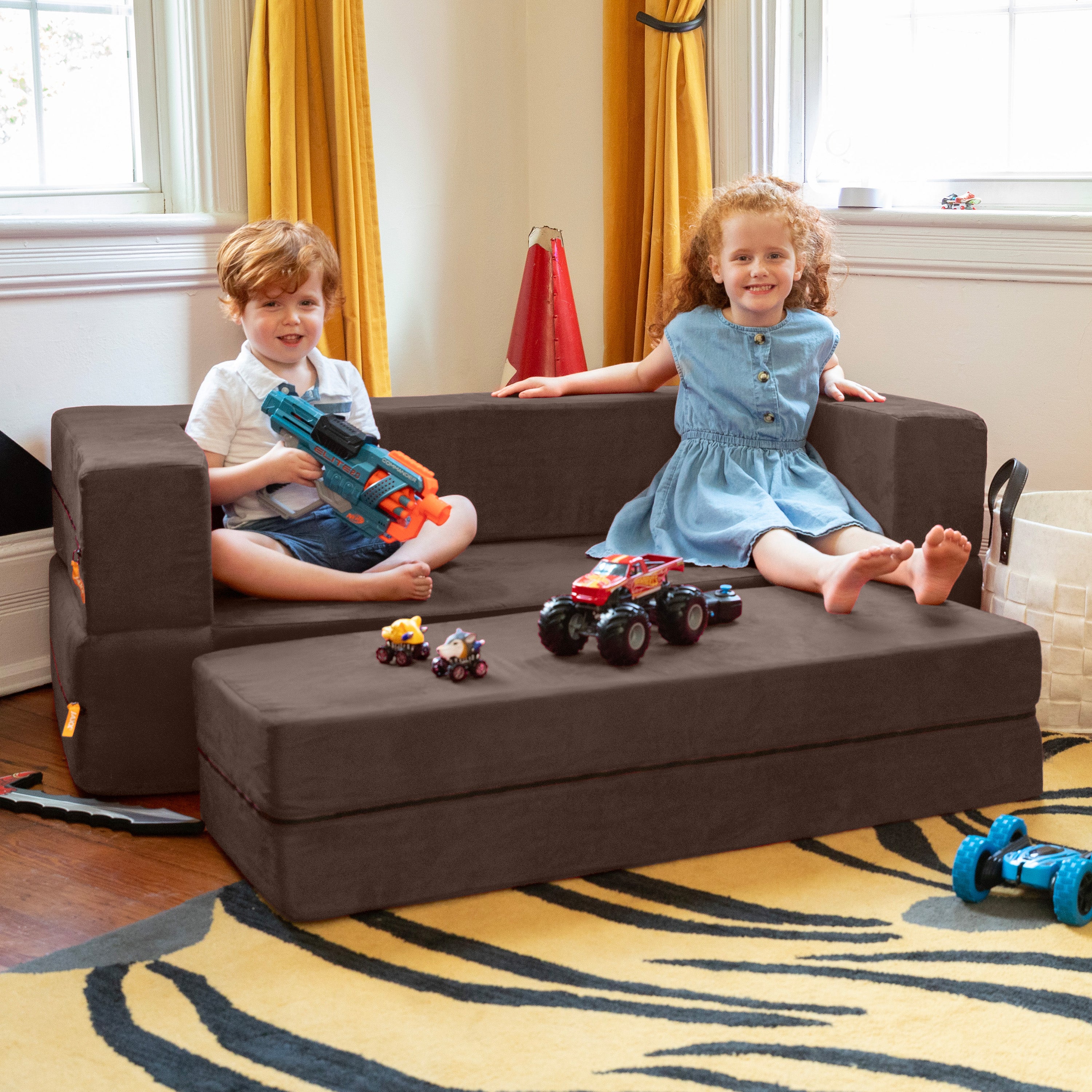 Jaxx Zipline Kids Sofa & Large Ottoman, 3 in 1 Fold Out Sofa, Big Kids Edition, Chocolate