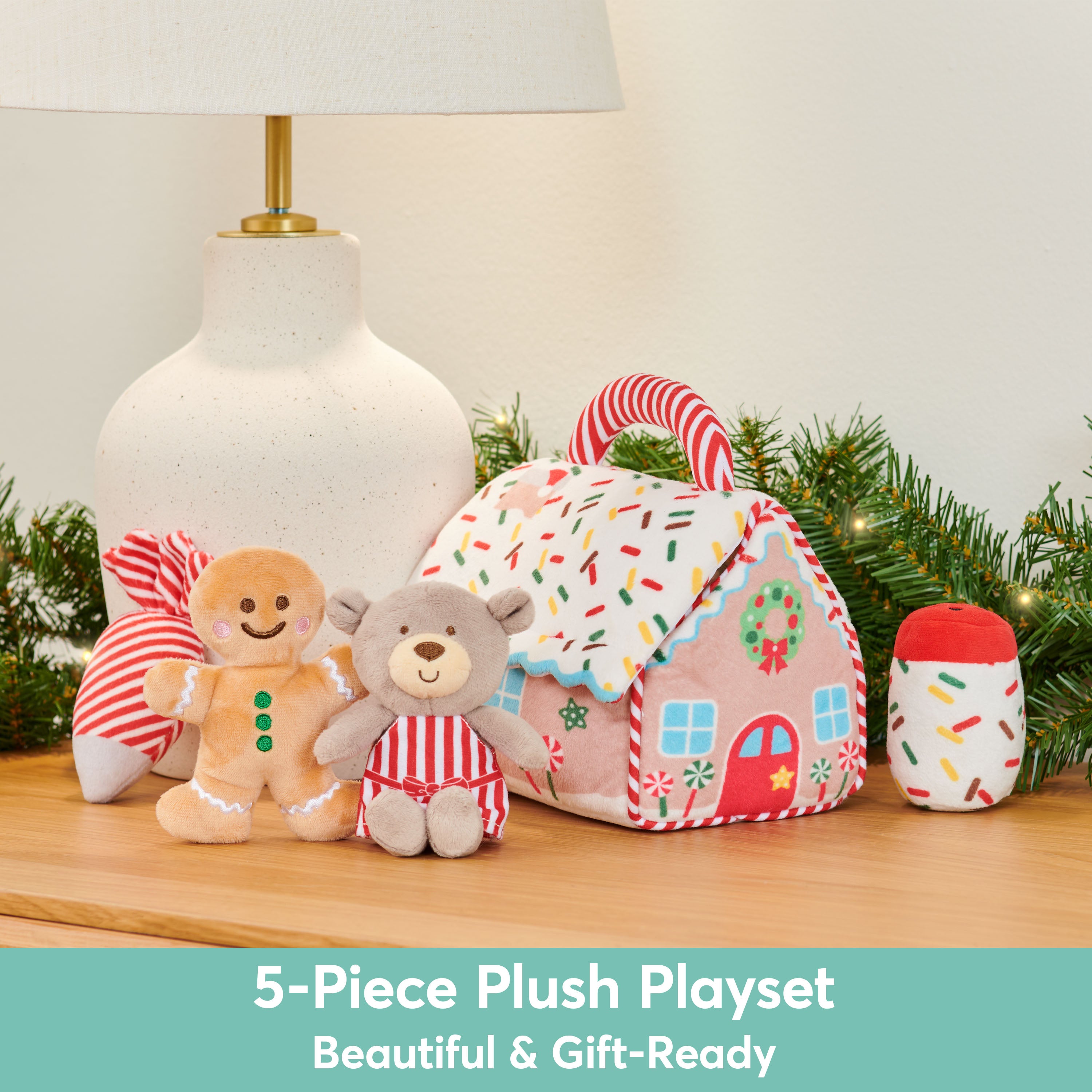 Baby GUND Play Soft Collection, My First Gingerbread House 5-Piece Playset with Rattle, Squeaker and Crinkle Plush Toys, Sensory Toy for Babies, 7.5”