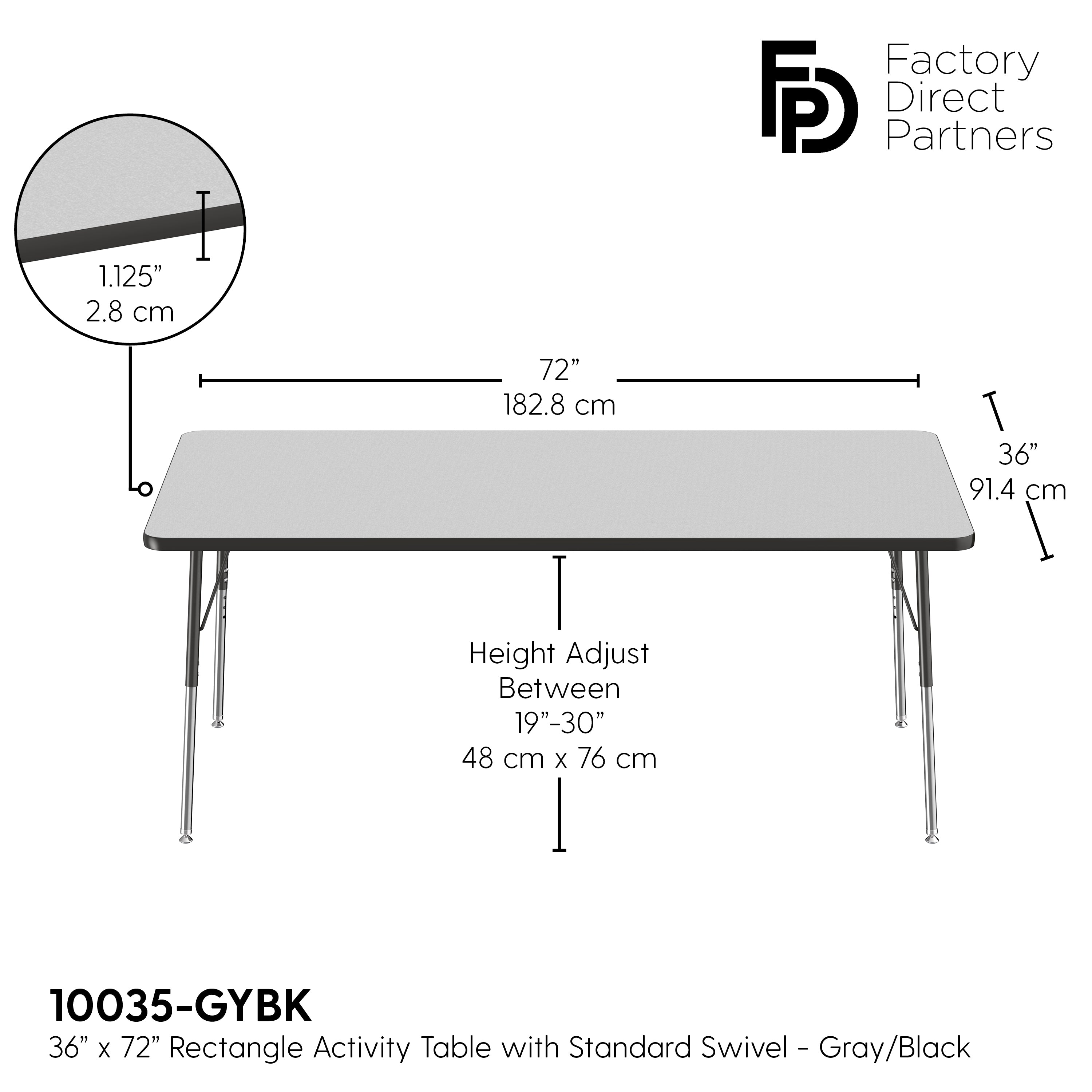 36" x 72" Rectangle T-Molding Activity Table with Adjustable Standard Swivel Glide Legs - Gray/Black