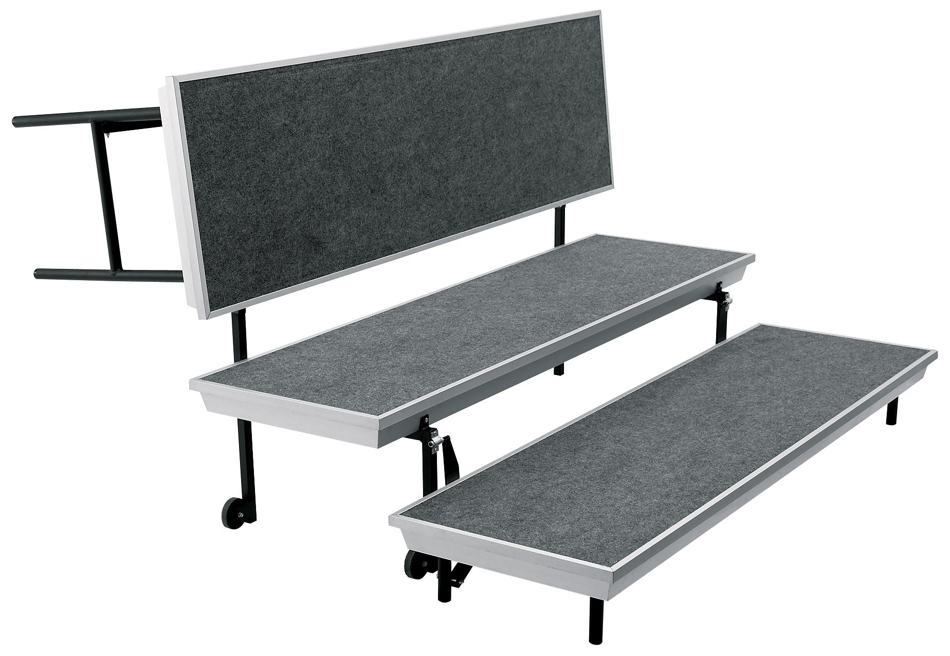 NPS® TransPort 3-Level Straight Choral Riser, Carpet (18" x 78" Levels), Surface Material: Grey Carpet, Frame Color: Aluminum Frame, Black Legs