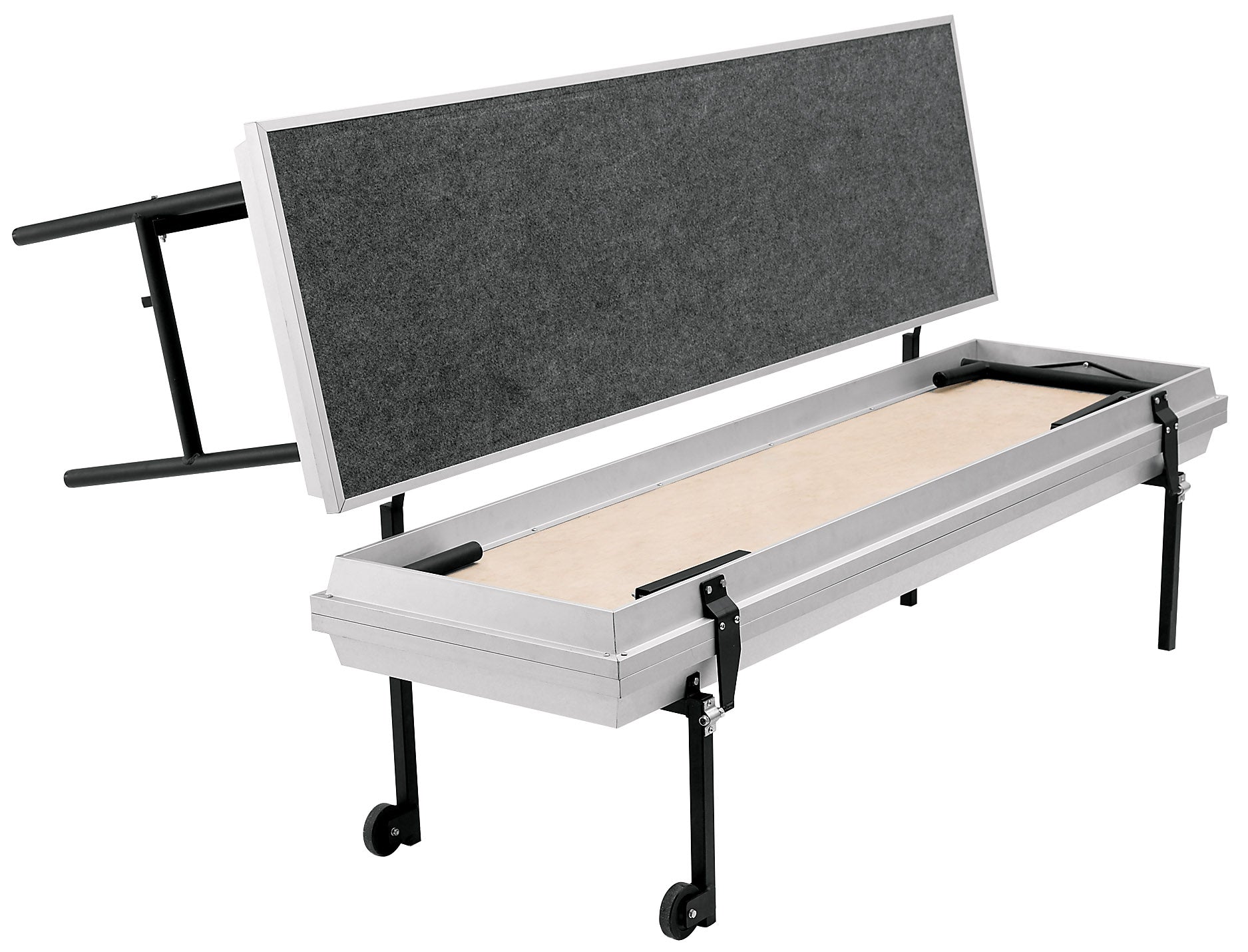 NPS® TransPort 3-Level Straight Choral Riser, Carpet (18" x 78" Levels), Surface Material: Grey Carpet, Frame Color: Aluminum Frame, Black Legs