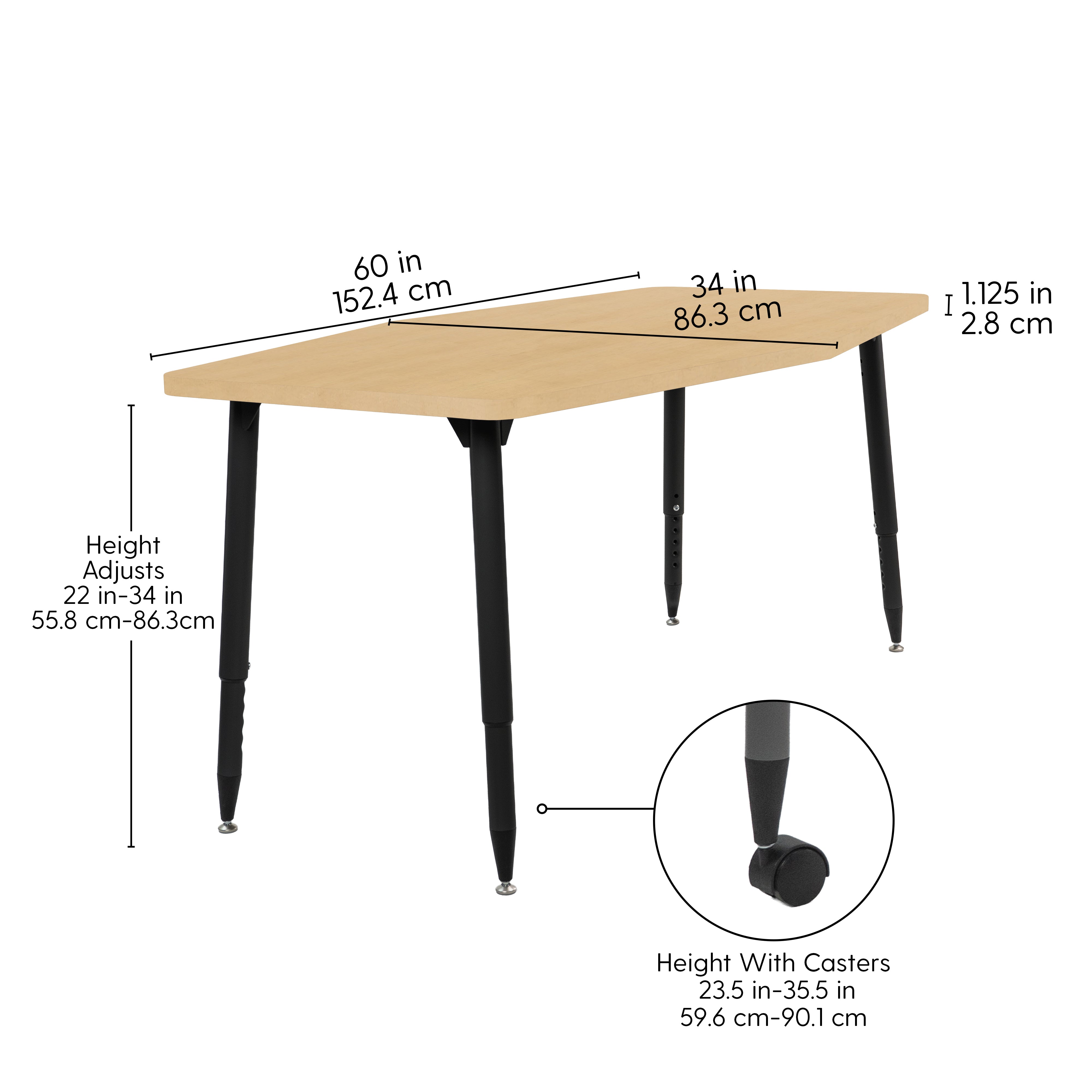 Adapte 34" x 60" Long Hexagon Woodgrain Activity Table with Adjustable Tapered Legs - Maple Grain/Black