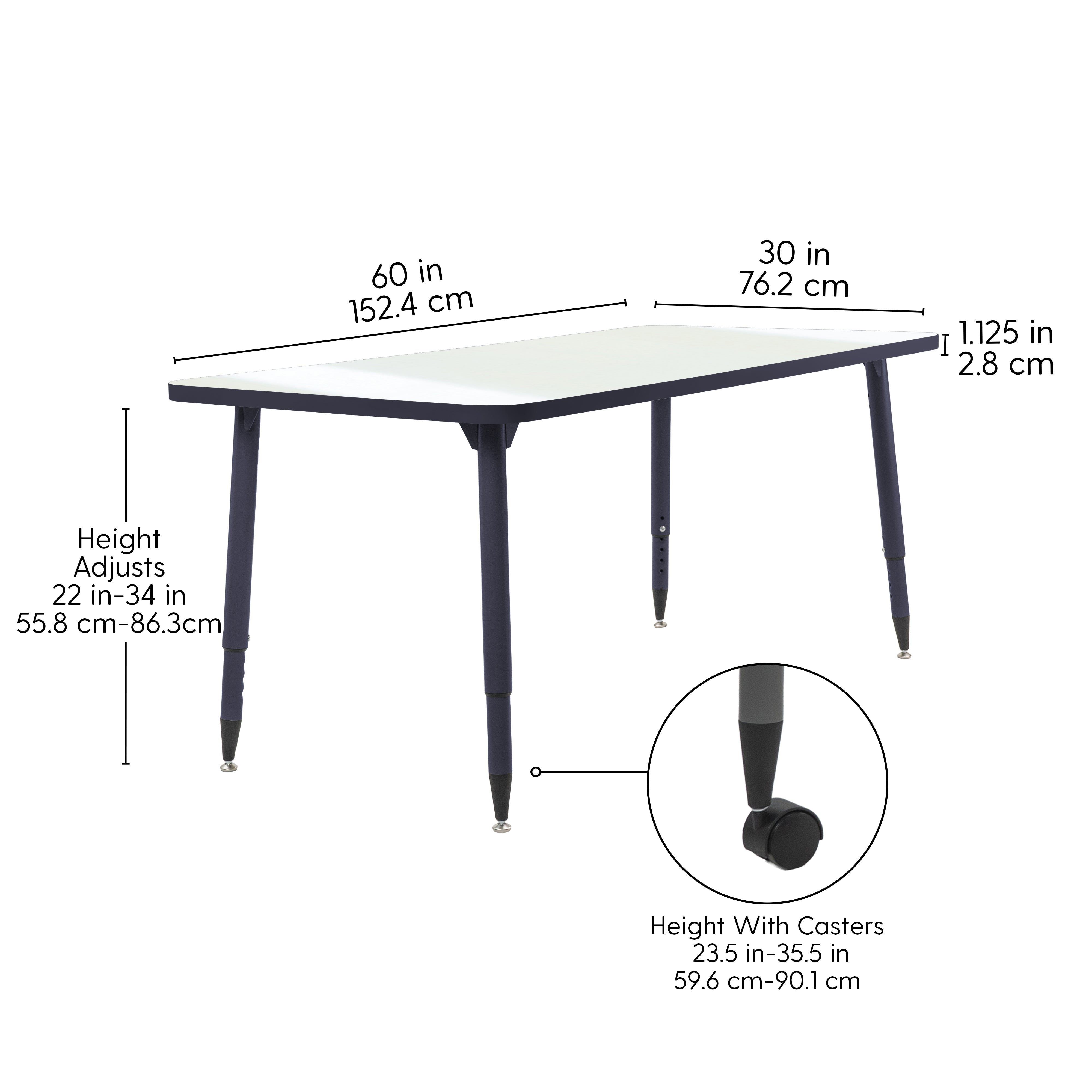 Adapte 30" x 60" Rectangle Dry-Erase Activity Table with Adjustable Tapered Legs - Whiteboard/Navy