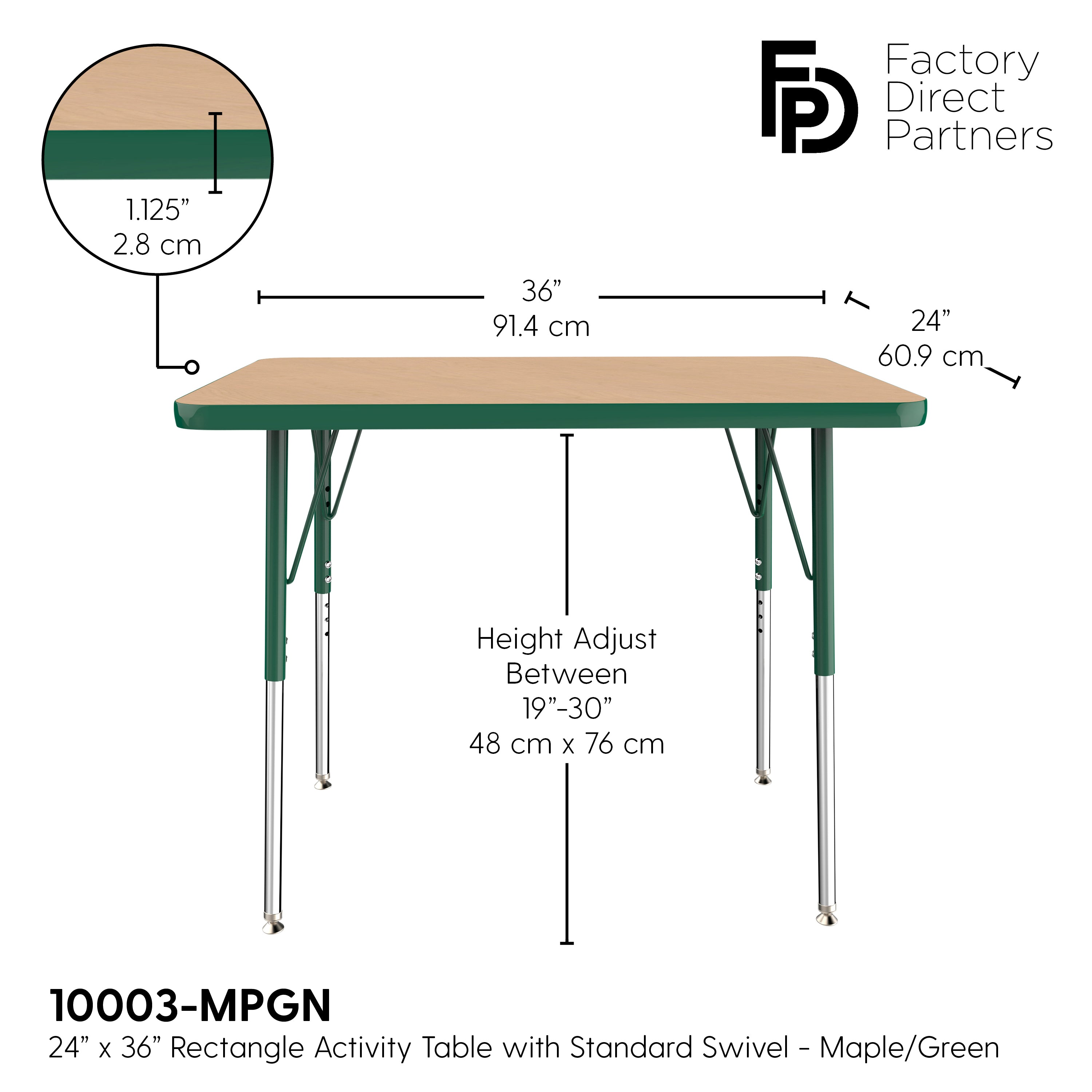 24" x 36" Rectangle T-Molding Activity Table with Adjustable Standard Swivel Glide Legs - Maple/Green