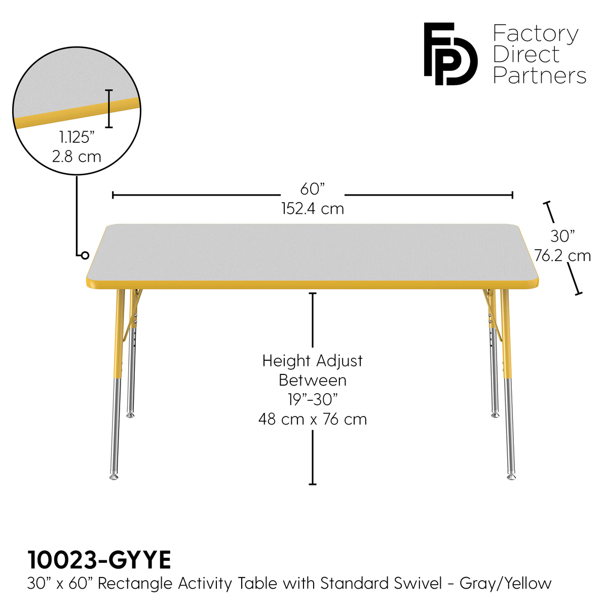 30" x 60" Rectangle T-Molding Activity Table with Adjustable Standard Swivel Glide Legs - Gray/Yellow