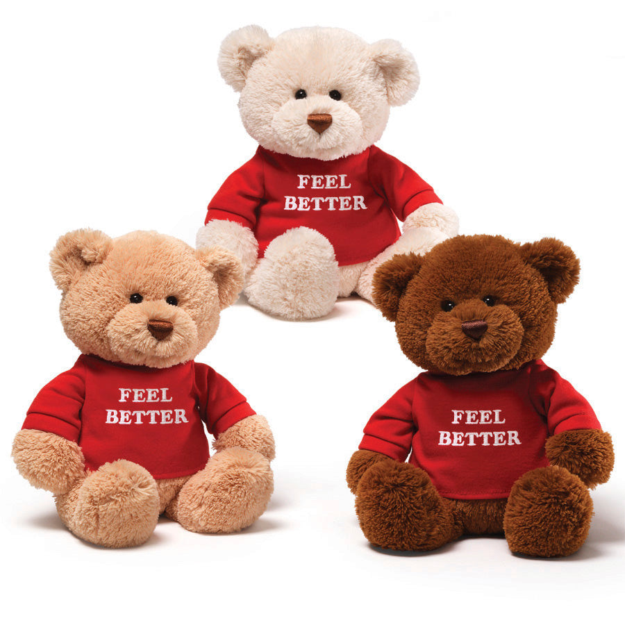 GUND “Feel Better” Message Bears with Red T-Shirts, Teddy Bear Stuffed Animal for Ages 1 and Up, Brown, 12”