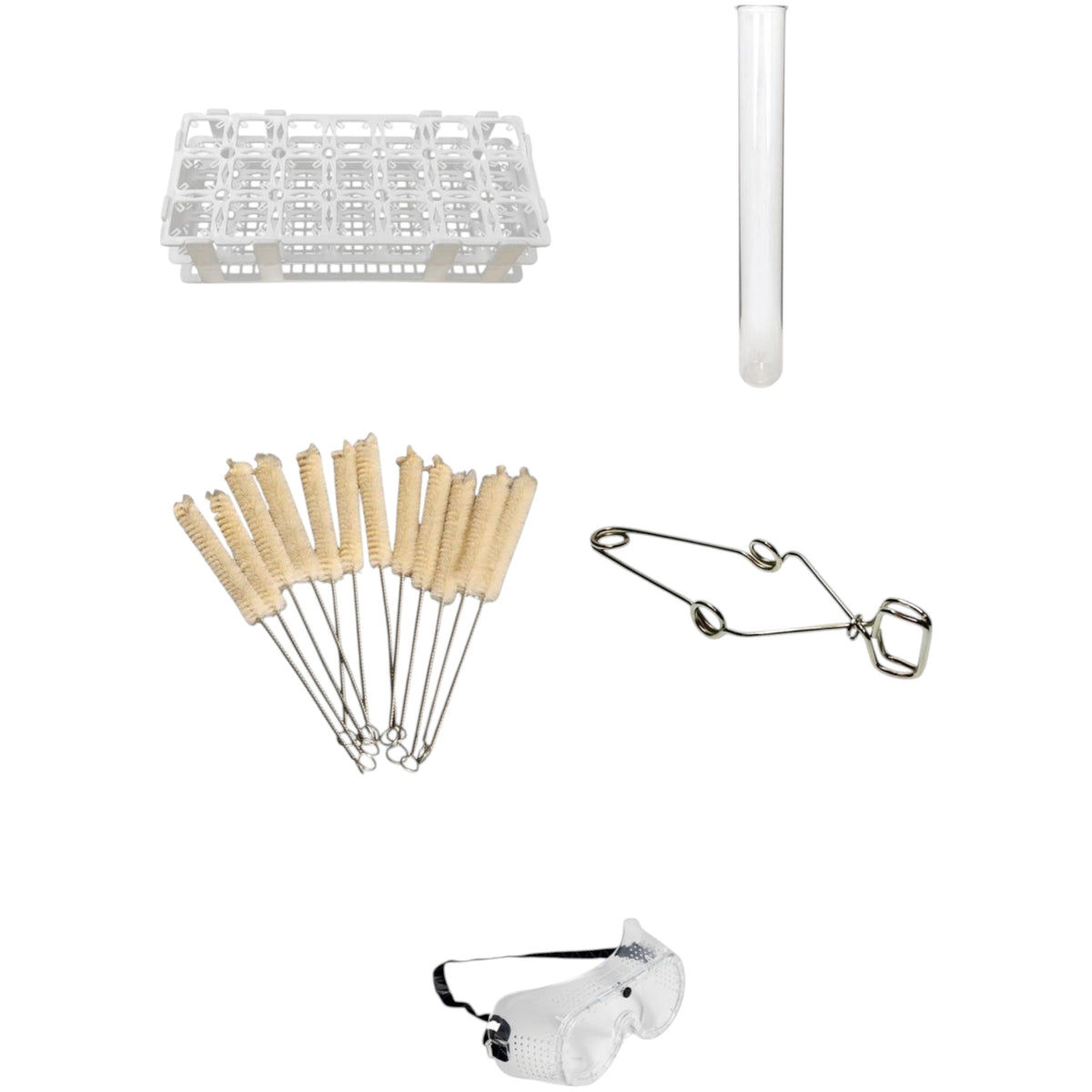 Chemistry Test Tube Kit, Rack, 72 Glass Tubes, Brushes, Clamp and Goggles