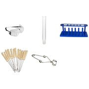 Test Tube Kit, 6-Hole Rack & Drying Pins, 72 Glass Tubes, 12 Pack Cleaning Brushes, Clamp, and Safety Goggles