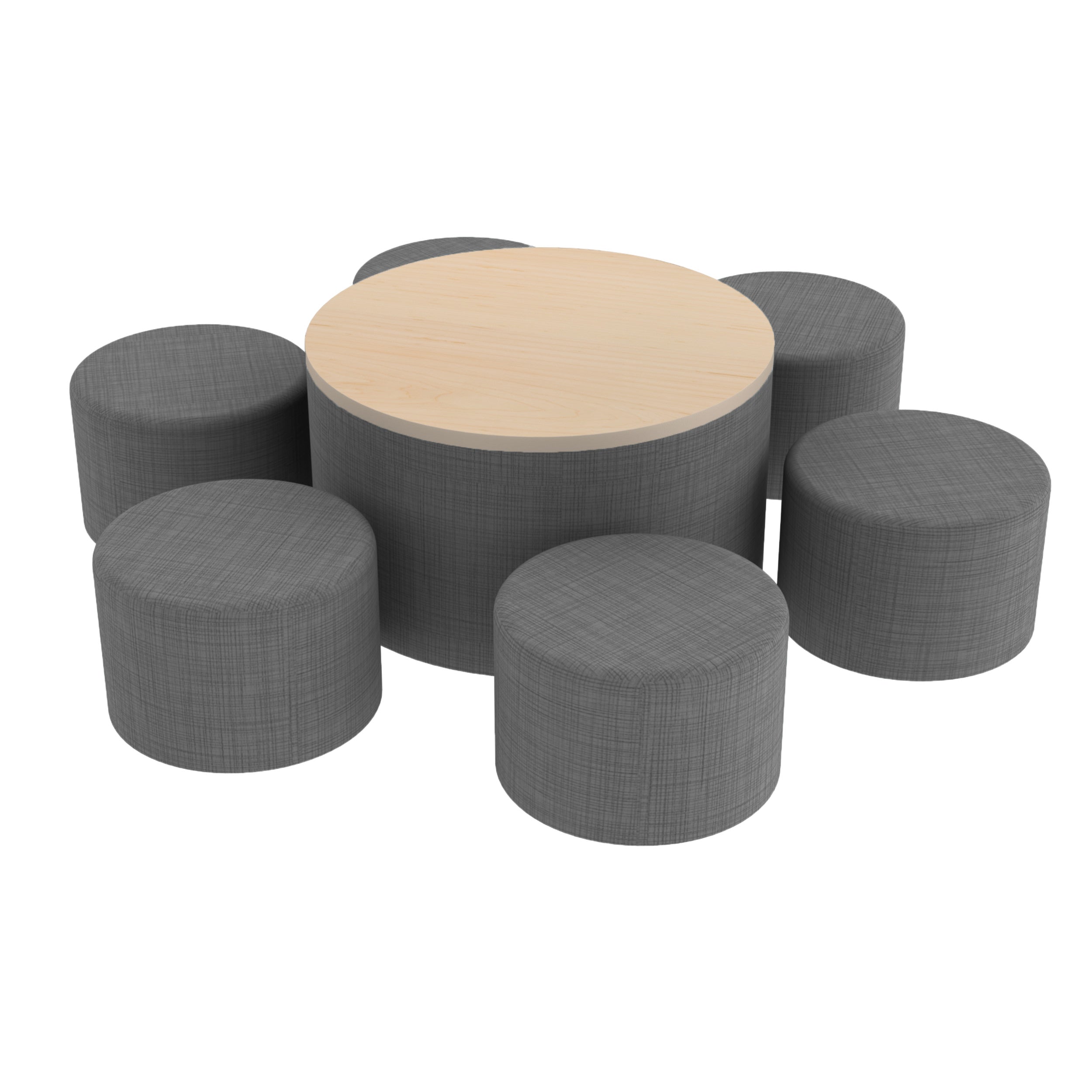 Pro Series 30" Round Ottoman Table with Round 12" H Seating, 7-Piece Set - Slate Gray Crosshatch/Maple