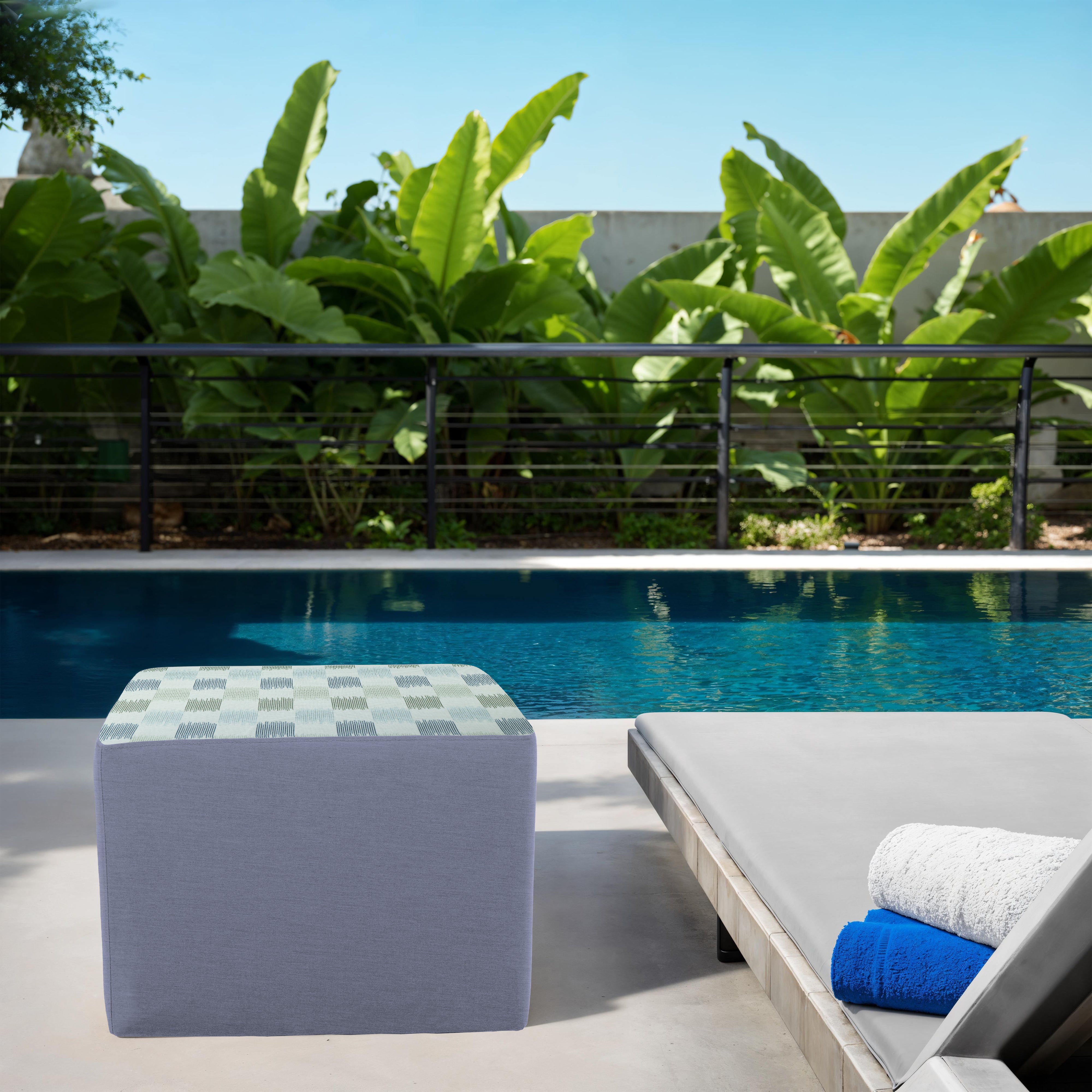 Outdoor 24" Square Ottoman with Sunbrella, 18" H - Dream Mist/Canvas Haze