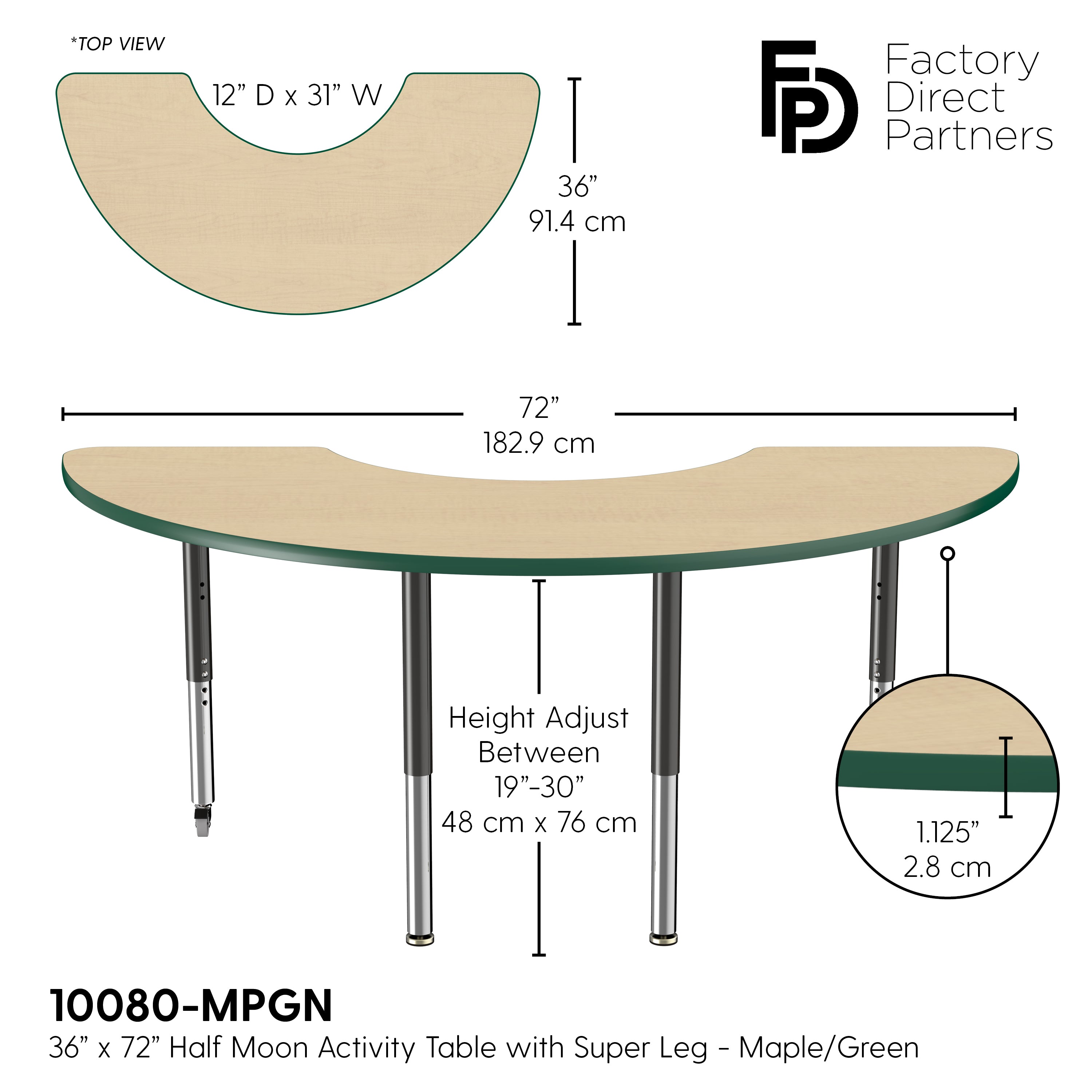 36" x 72" Half Moon T-Molding Activity Table with Adjustable Super Legs - Maple/Green/Black
