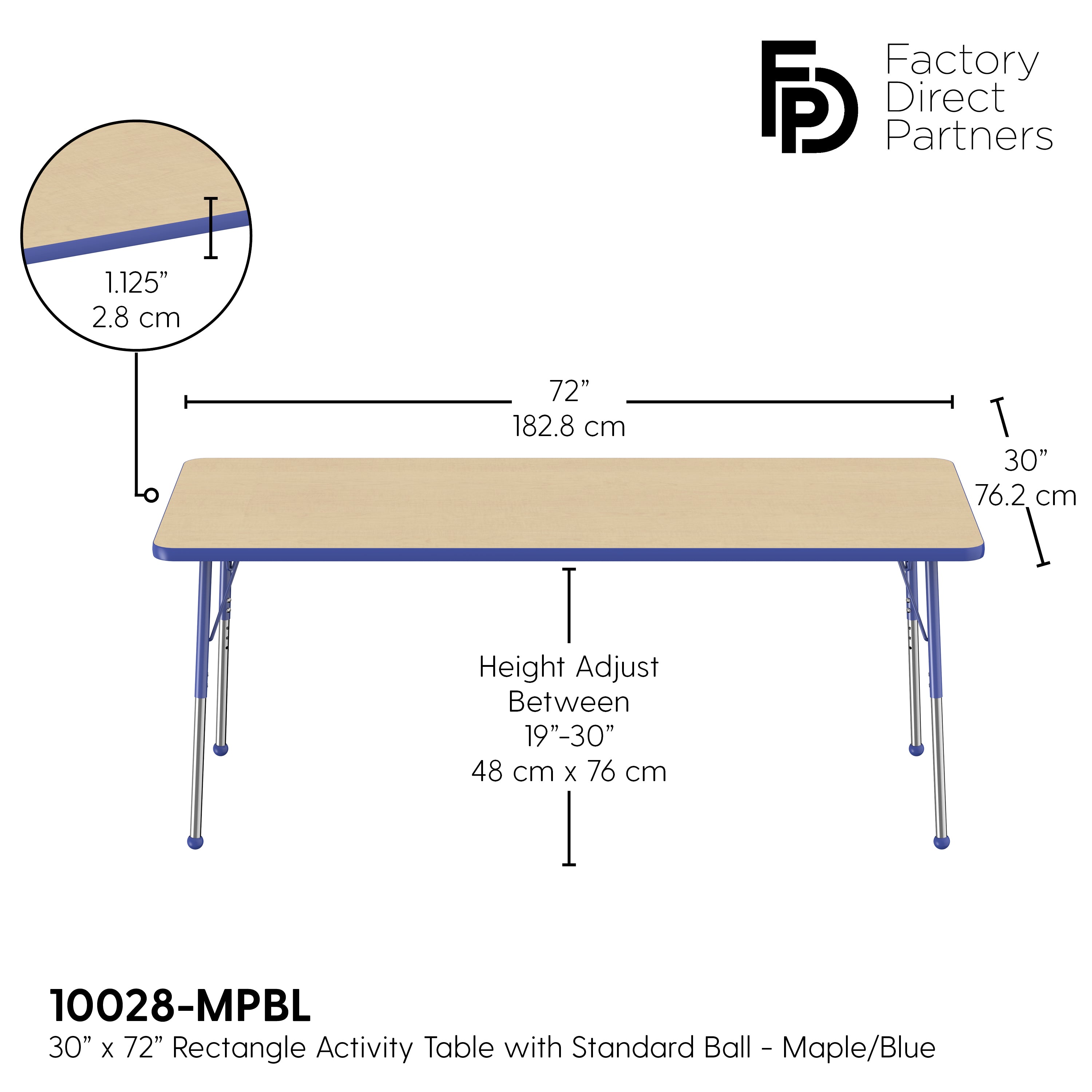 30" x 72" Rectangle T-Molding Activity Table with Adjustable Standard Ball Glide Legs - Maple/Blue