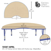 48" x 72" Kidney T-Molding Activity Table with Adjustable Chunky Legs - Maple/Blue