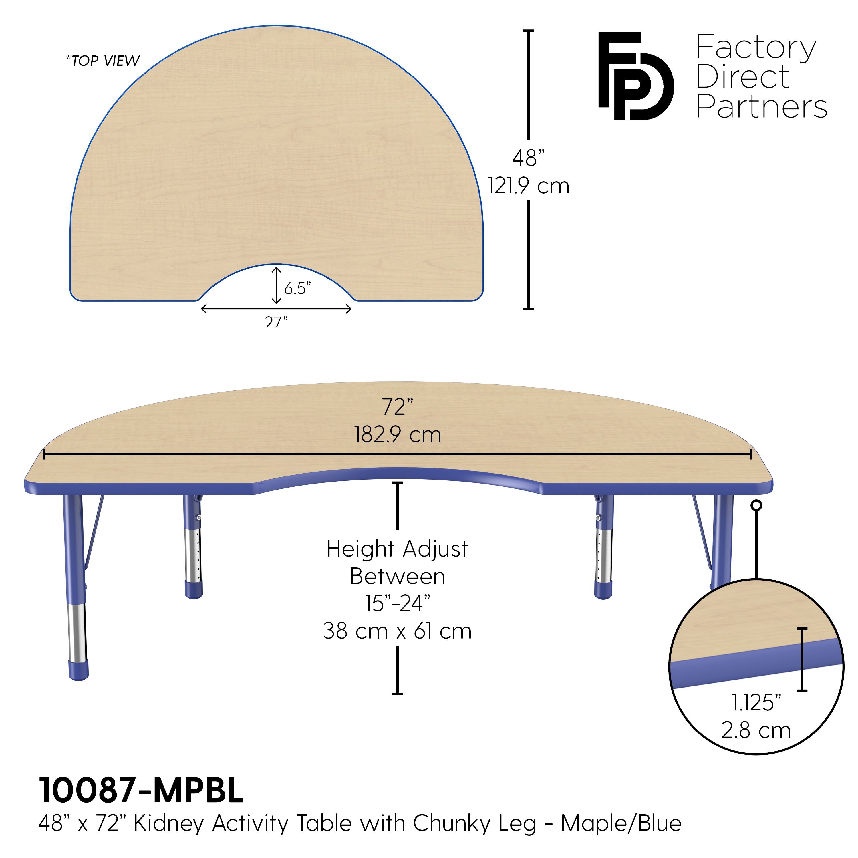 48" x 72" Kidney T-Molding Activity Table with Adjustable Chunky Legs - Maple/Blue