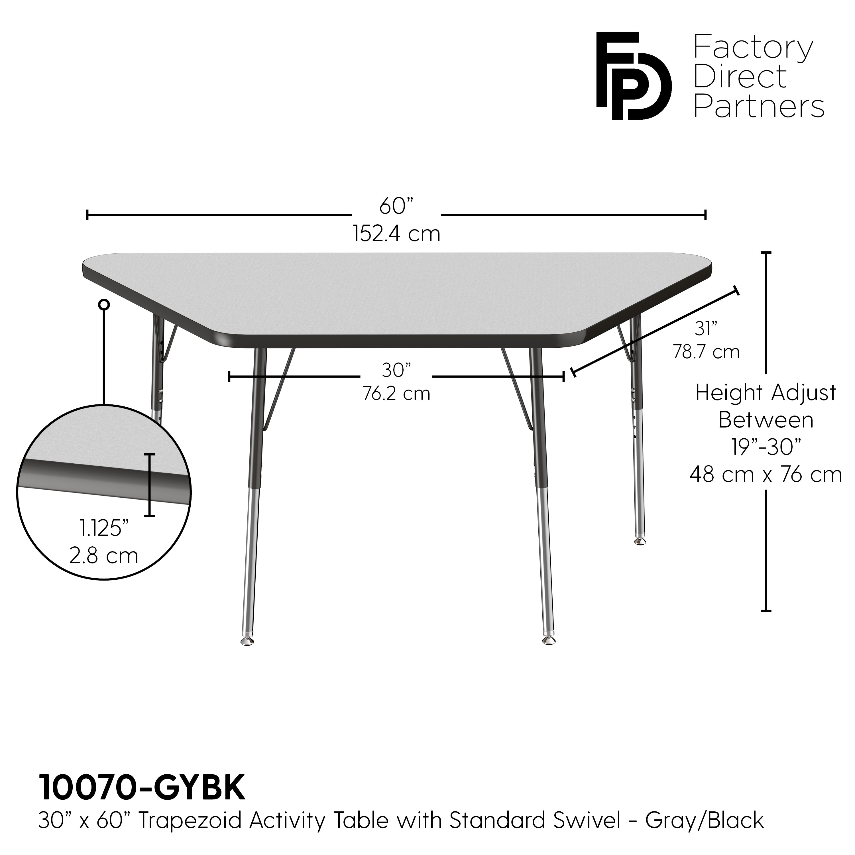 30" x 60" Trapezoid T-Molding Activity Table with Adjustable Standard Swivel Glide Legs - Gray/Black