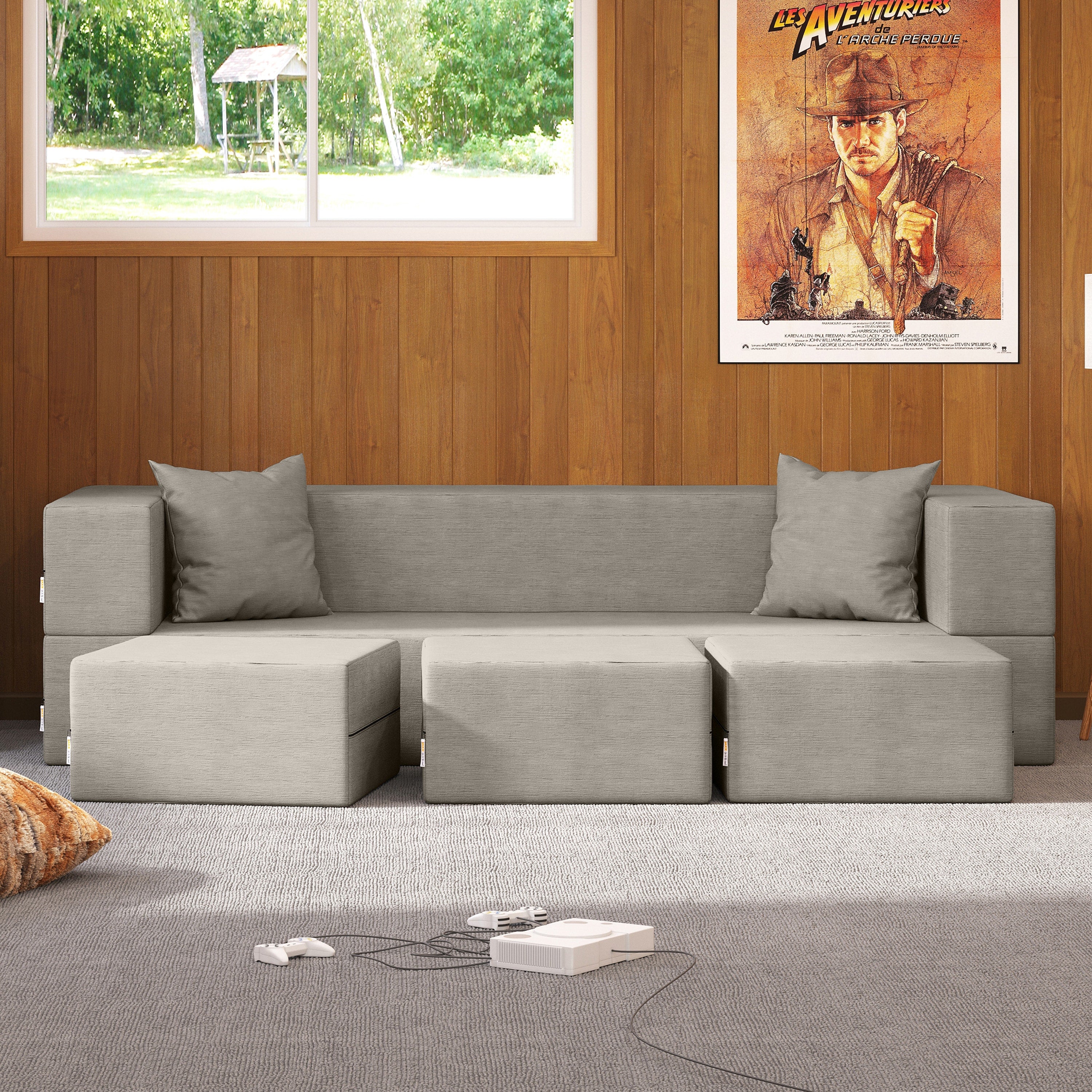 Jaxx Zipline Convertible Sleeper Sofa & Three Ottomans / California King-Size Bed, Textured Microvelvet - Dove Grey