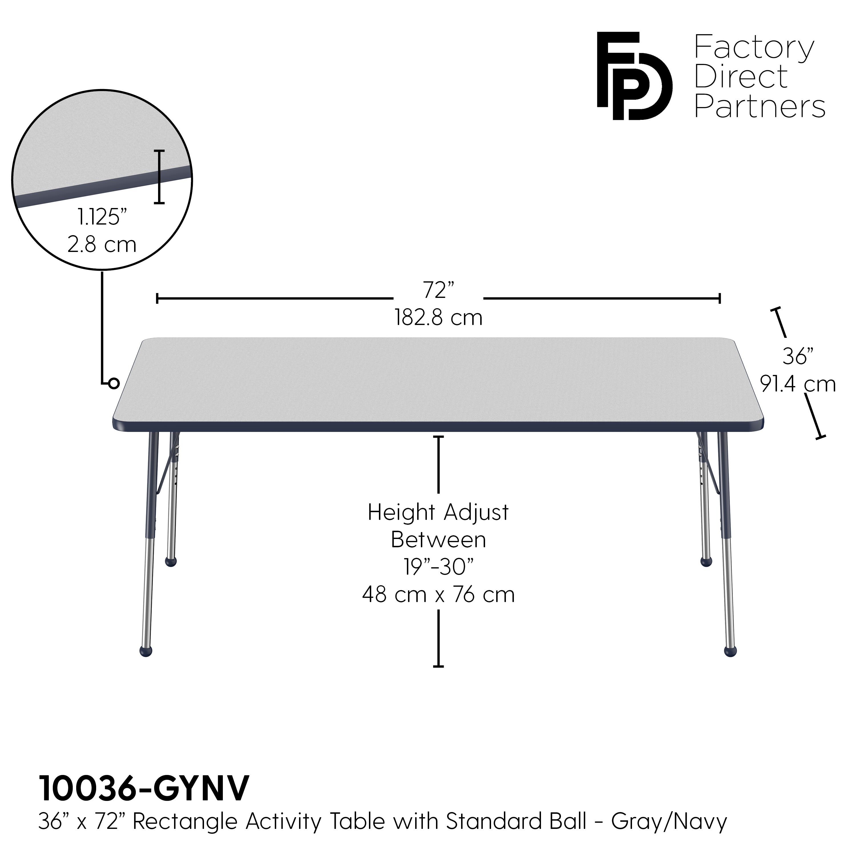 36" x 72" Rectangle T-Molding Activity Table with Adjustable Standard Ball Glide Legs - Gray/Navy