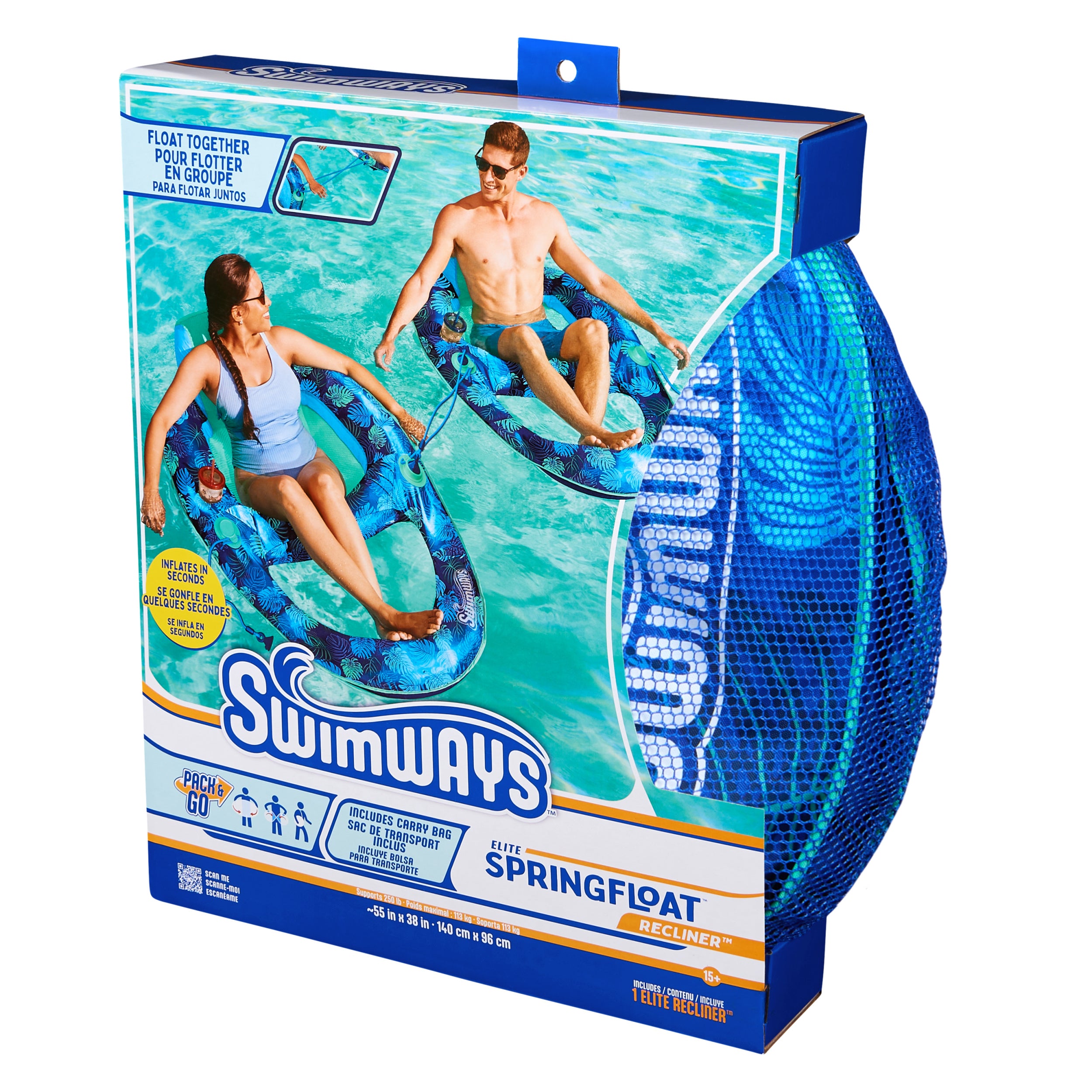 Swimways Elite Spring Float Recliner Pool Lounge Chair, Inflatable Pool Floats with Fast Inflation, Pool Recliner for Adults up to 250 lbs