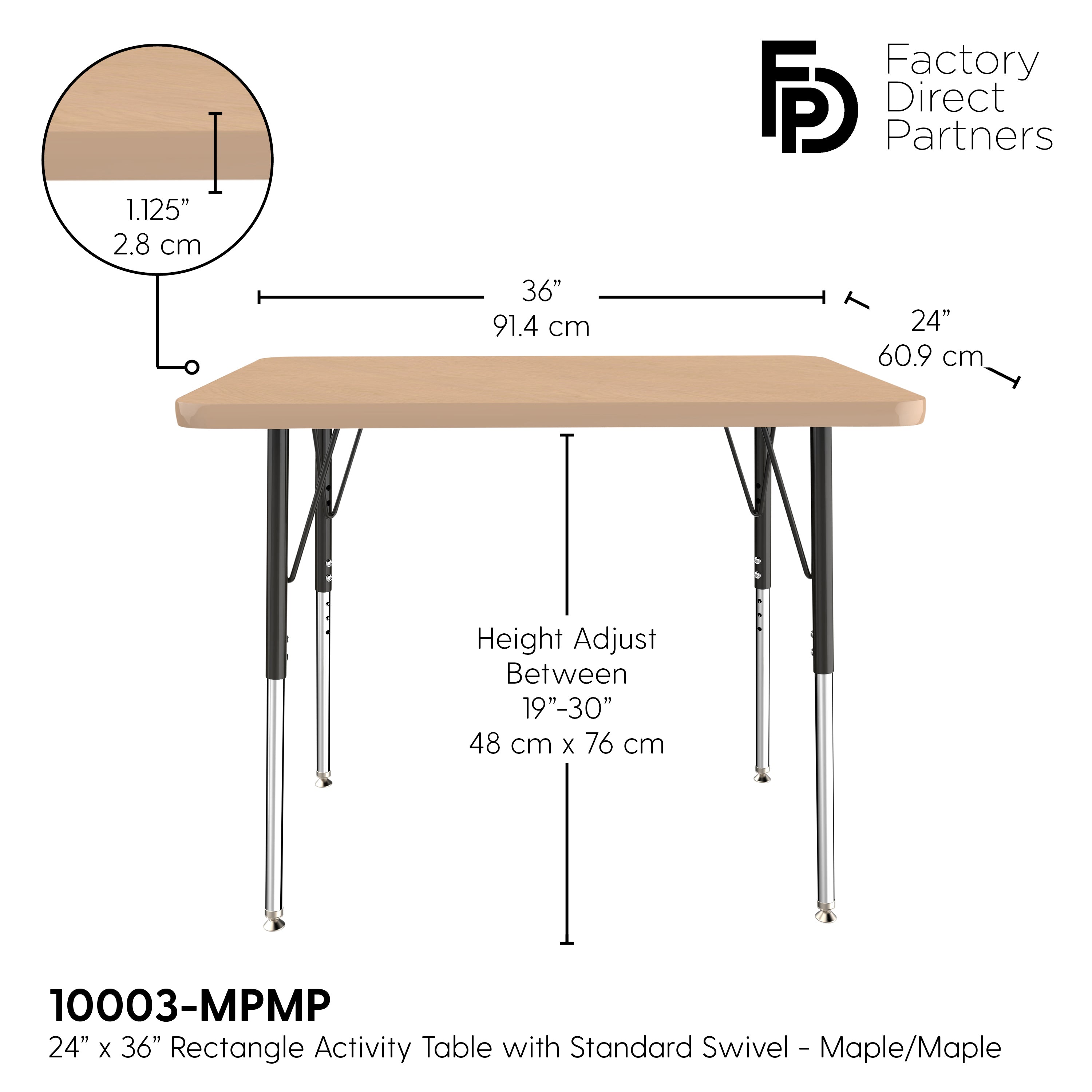 24" x 36" Rectangle T-Molding Activity Table with Adjustable Standard Swivel Glide Legs - Maple/Maple/Black